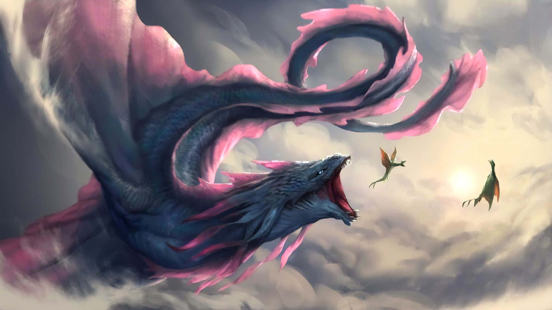"The majestic dragon against a deep blue sky"