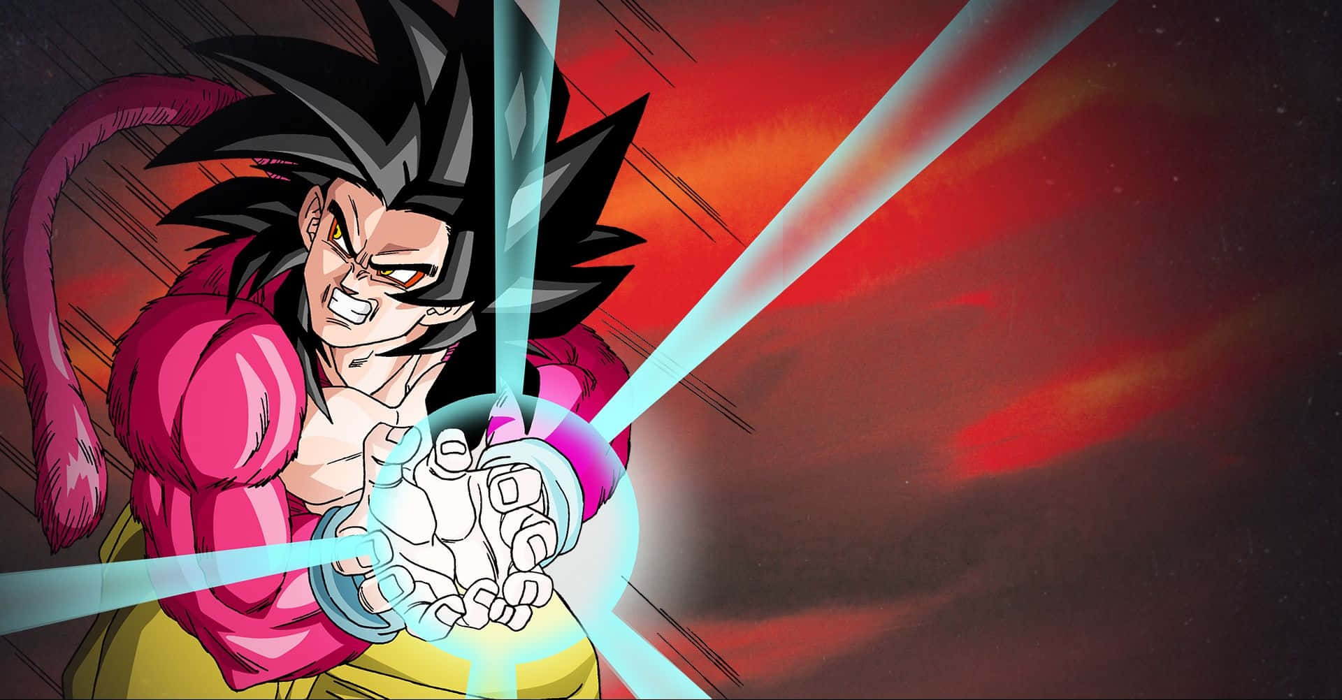 Goku og Kibito transformerer på et dynamisk striber baggrund. Wallpaper