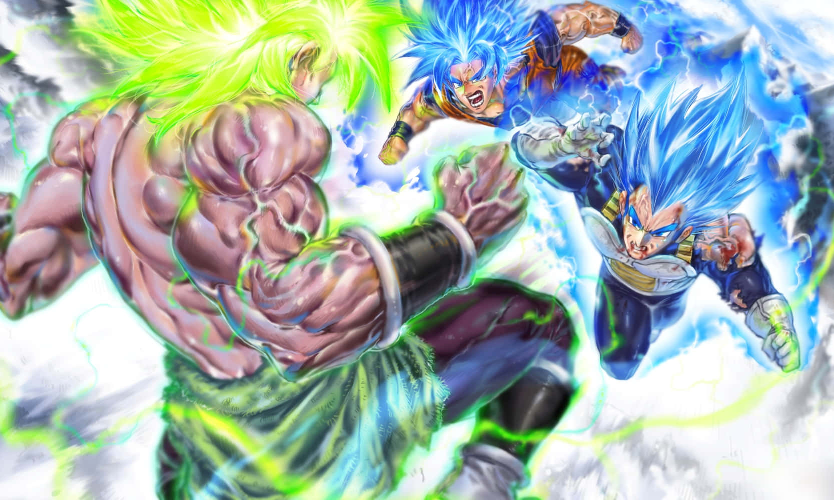 Goku and Vegeta battle against Broly in Dragon Ball Super Broly.