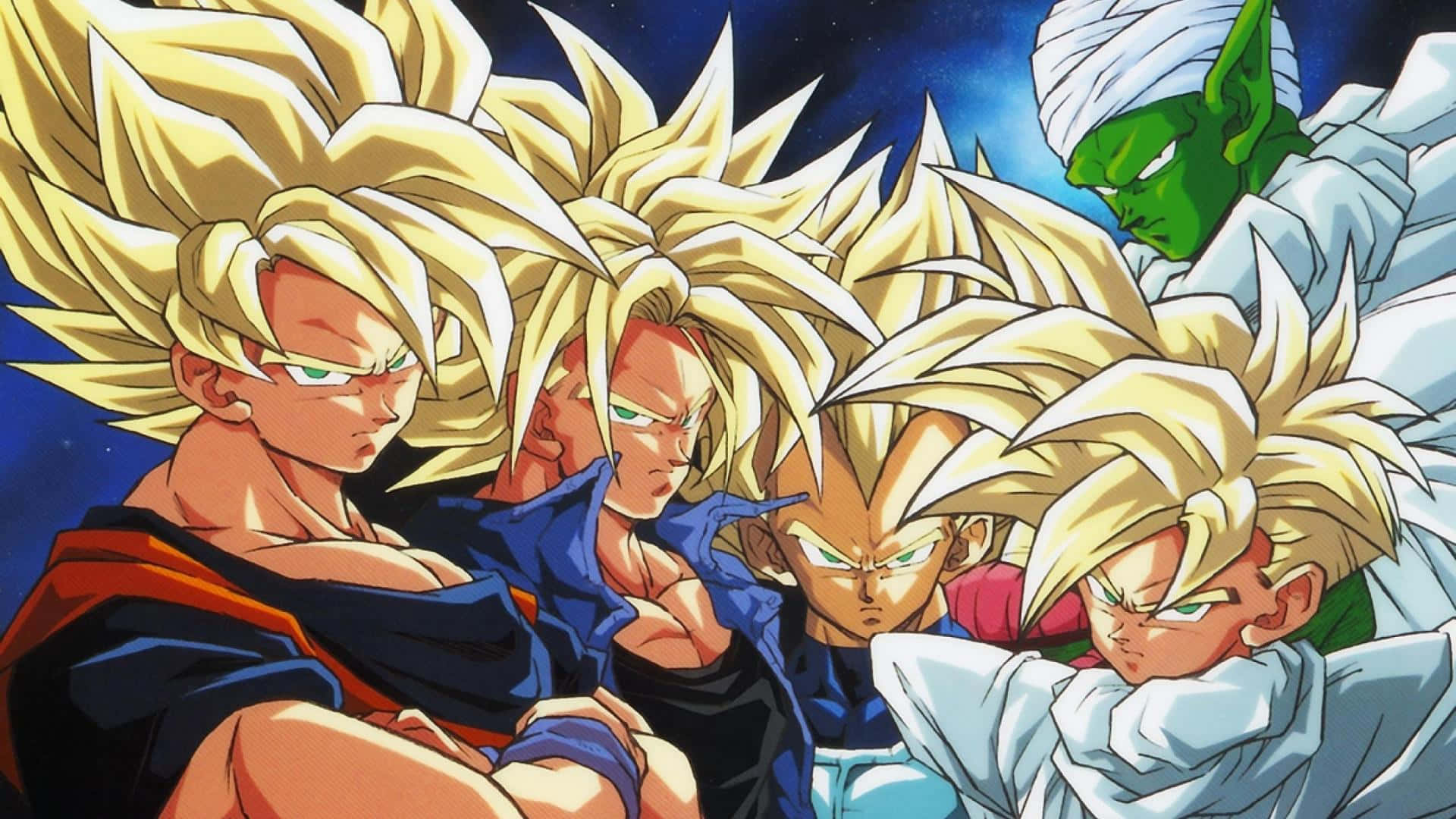 Dragon Ball Z characters pose confidently on a rocky landscape. Wallpaper