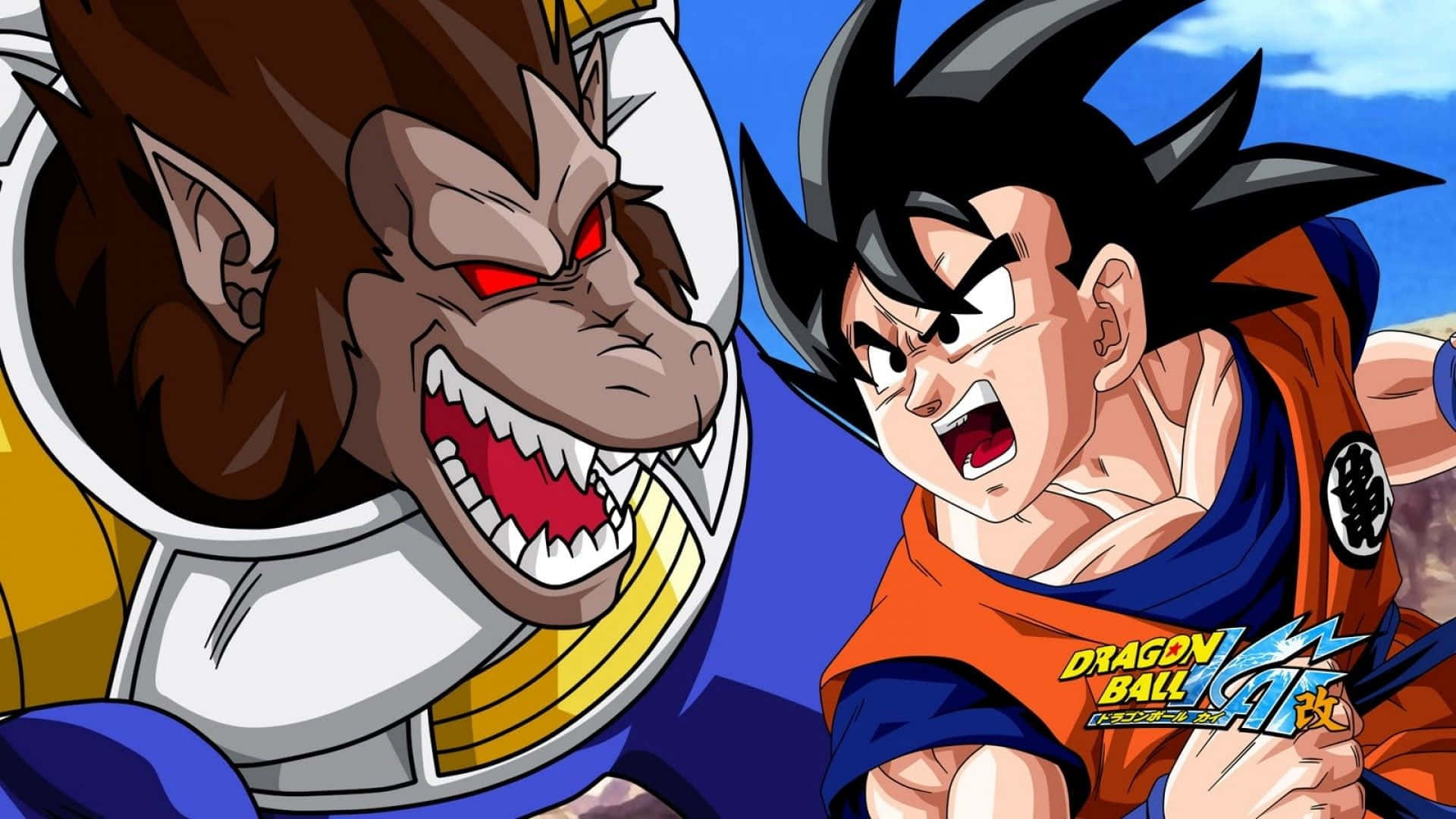 This fiery Dragon Ball Z Kai scene showcases the strength of Super Saiyan Goku. Wallpaper