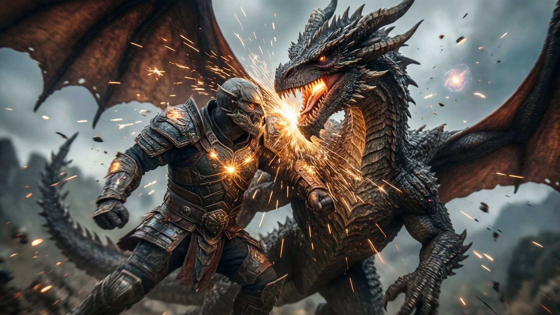 Knight in armor fighting a dragon with sparks flying