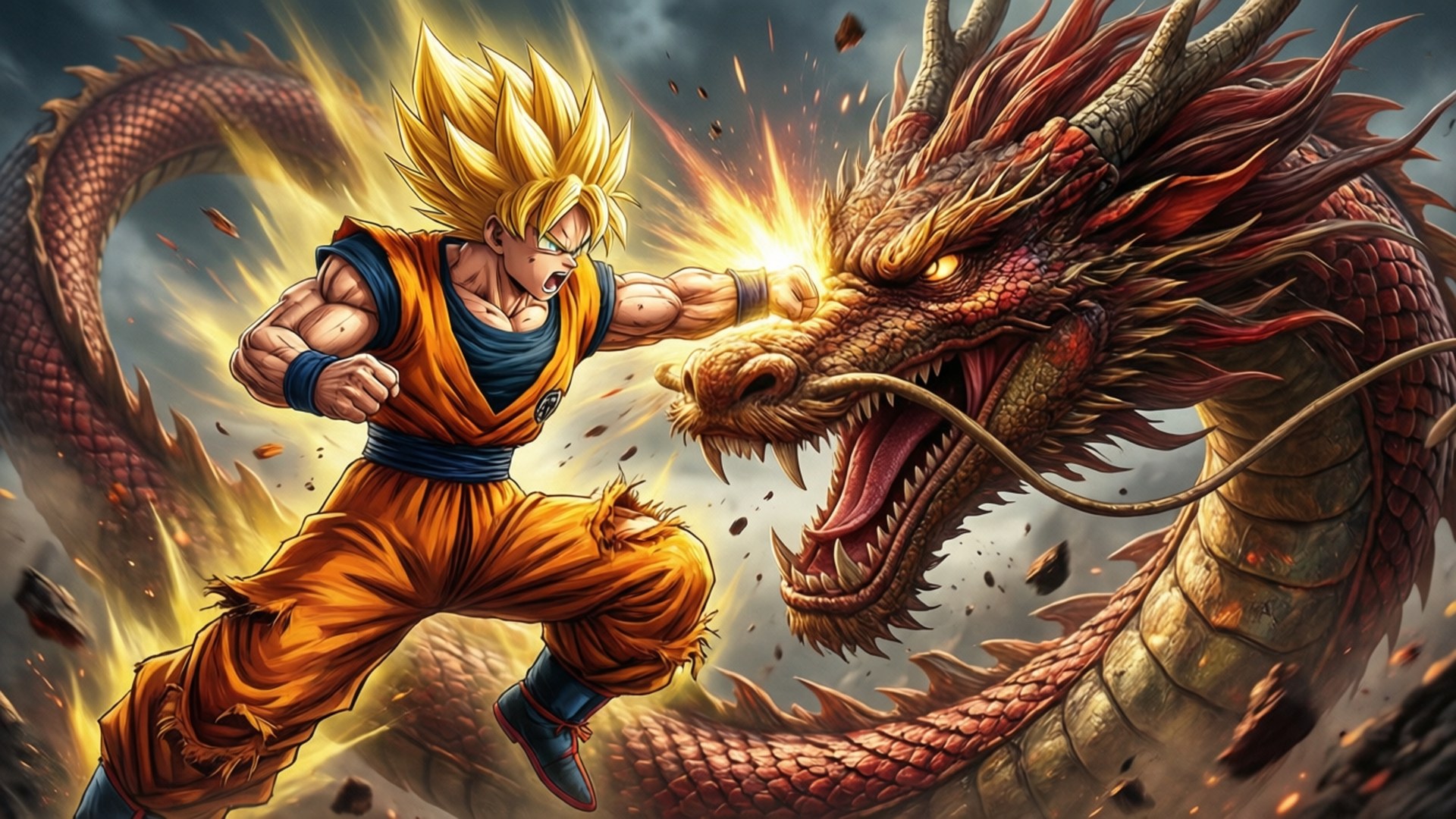 SSJ4 Goku kämpar mot en jättedrake i episk strid.