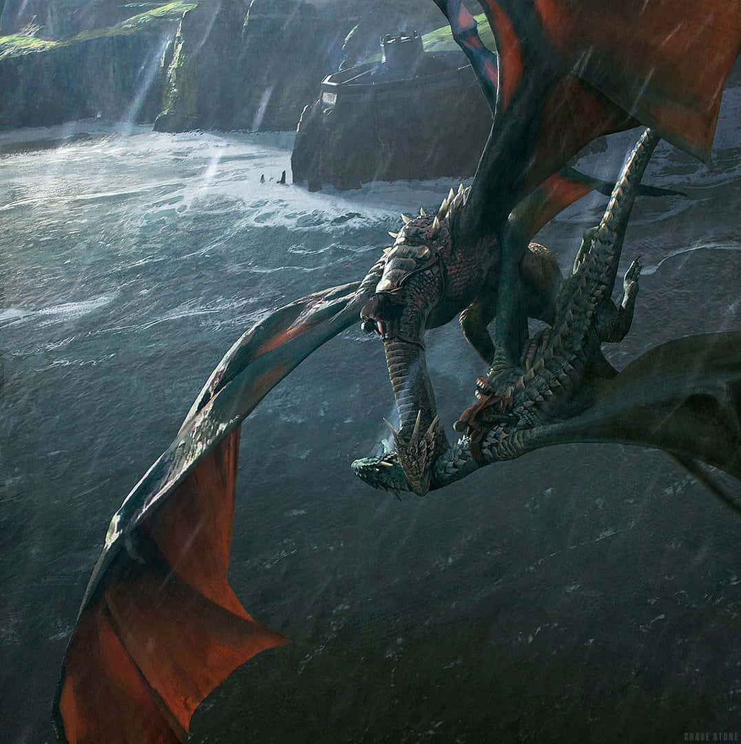 A Dragon Is Flying Over A Waterfall