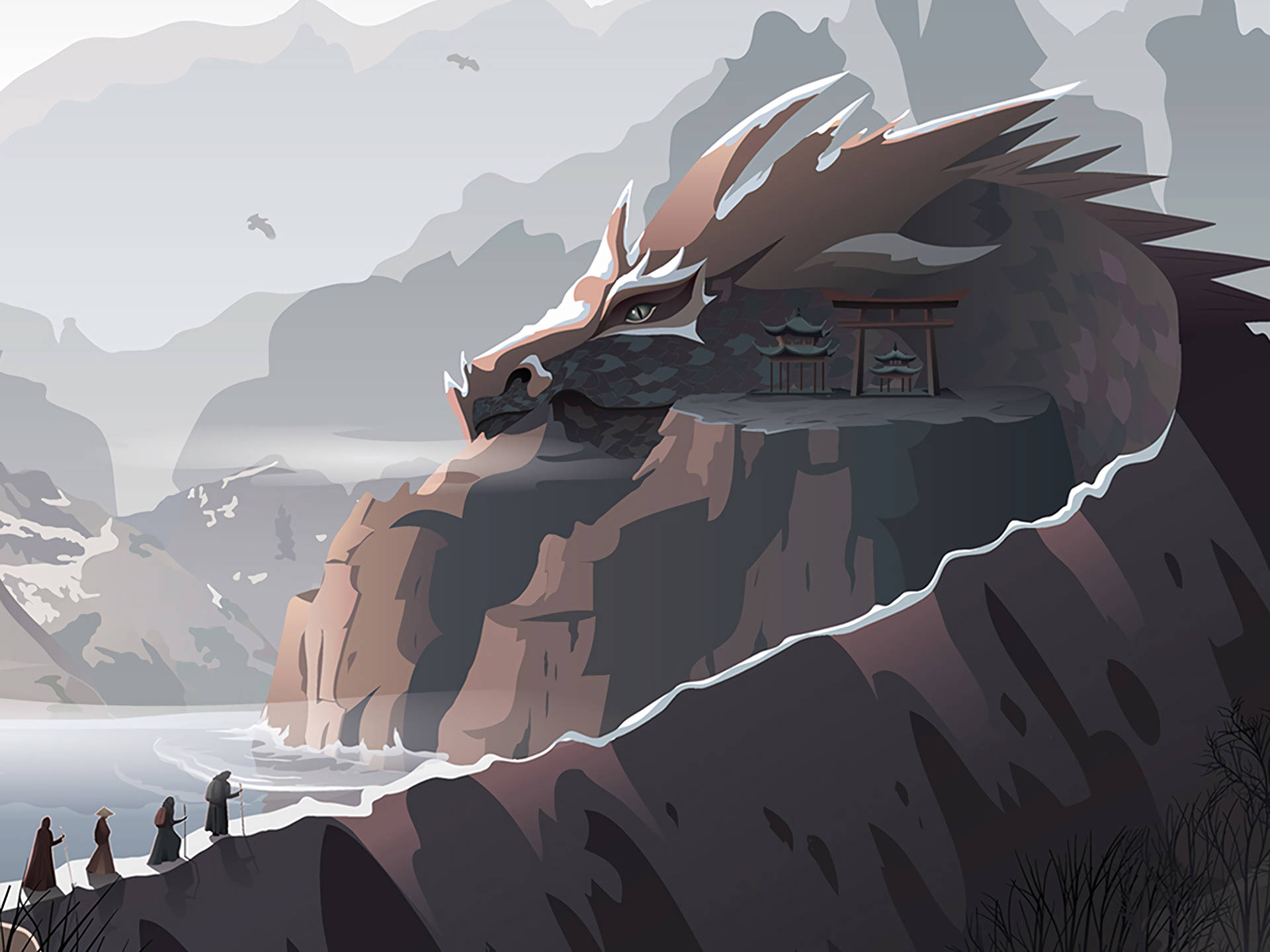 Mighty Dragon Crouching on a Giant Rock Wallpaper