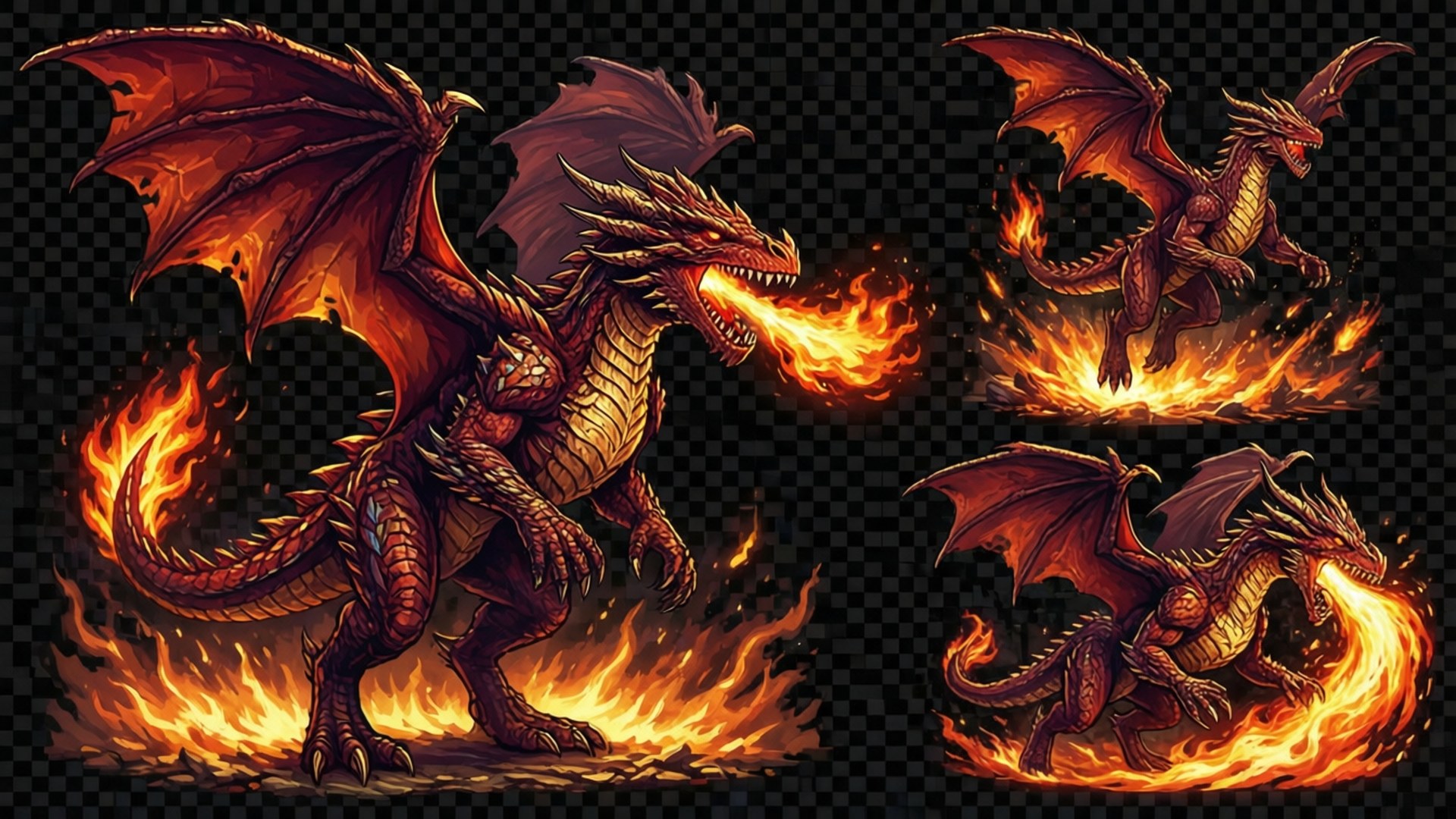 Et majestætisk drage sprite-ark med flere action-positurer.