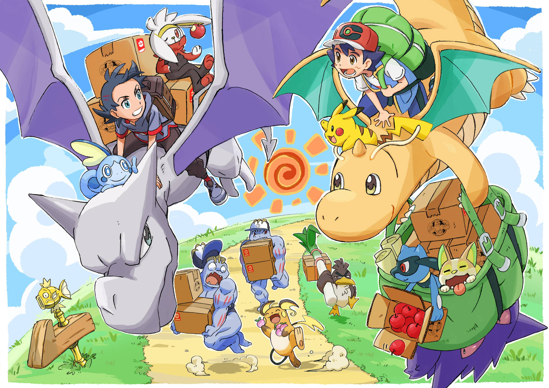 Dragonite Flying With Friends Wallpaper