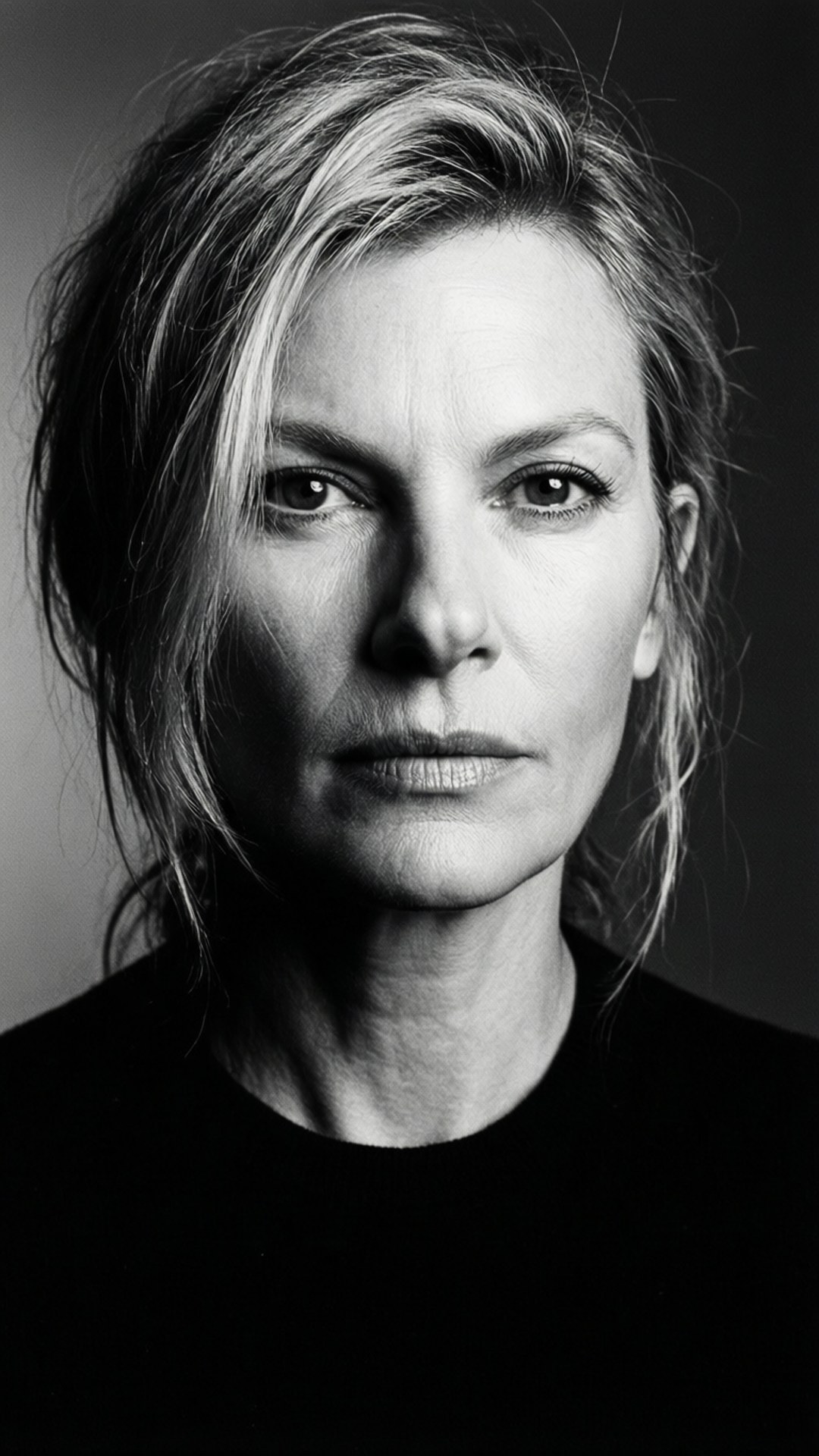Kate Moss i dramatiskt svartvitt studioporträtt med skarp belysning.