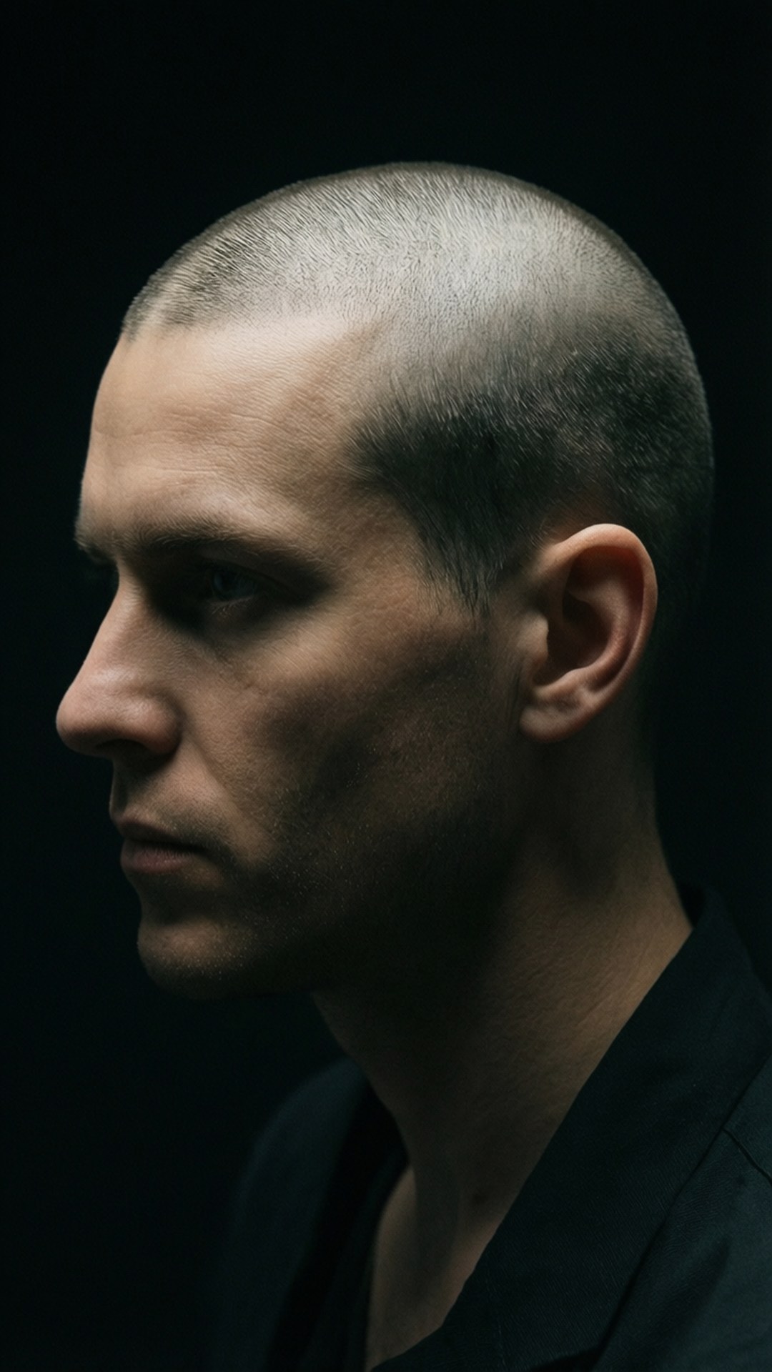 Dramatic portrait of a person with a bald cap in low light.