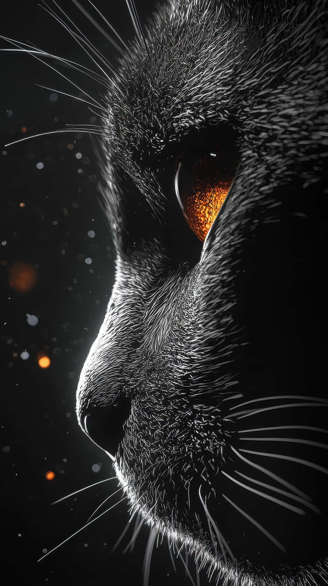 Dramatic Close-up Of A Black Cat With Intense Amber Eyes In The Dark Wallpaper