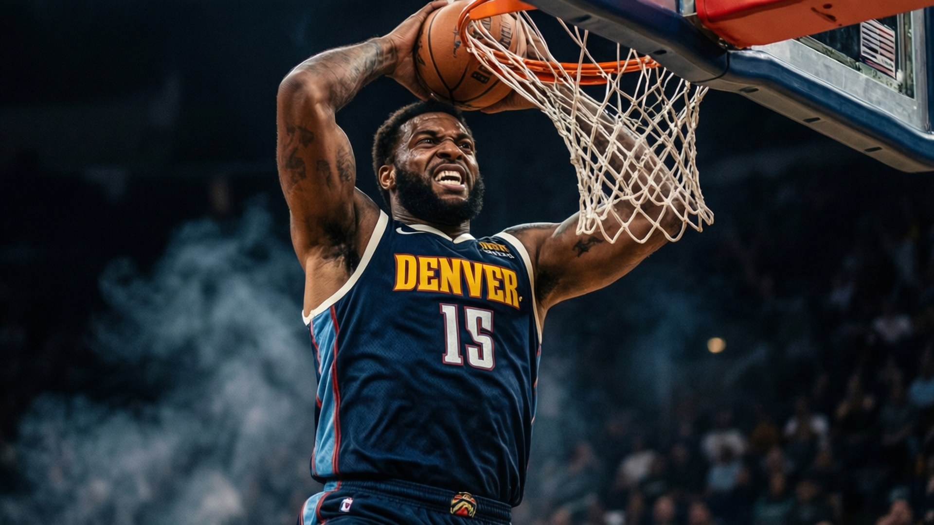 Dramatic Dunk Wallpaper — A Denver Nuggets basketball player in a navy blue jersey with number 15 dunks the ball with intense focus and power.