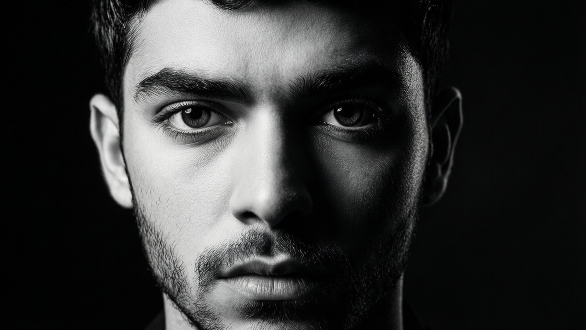 Dramatic Monochrome Close-Up Wallpaper — A high-contrast black and white close-up portrait of a man with intense eyes and stubble against a dark background.