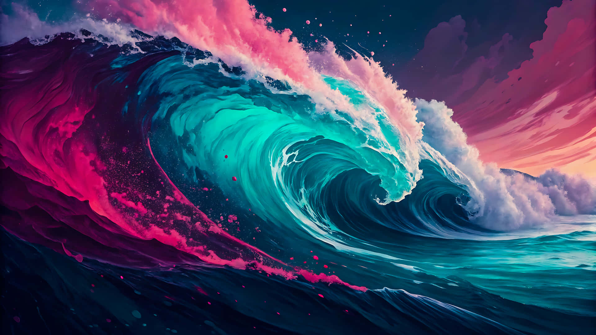 Dramatic Ocean Wave With Pink And Turquoise Colors Under A Cloudy Sky Wallpaper