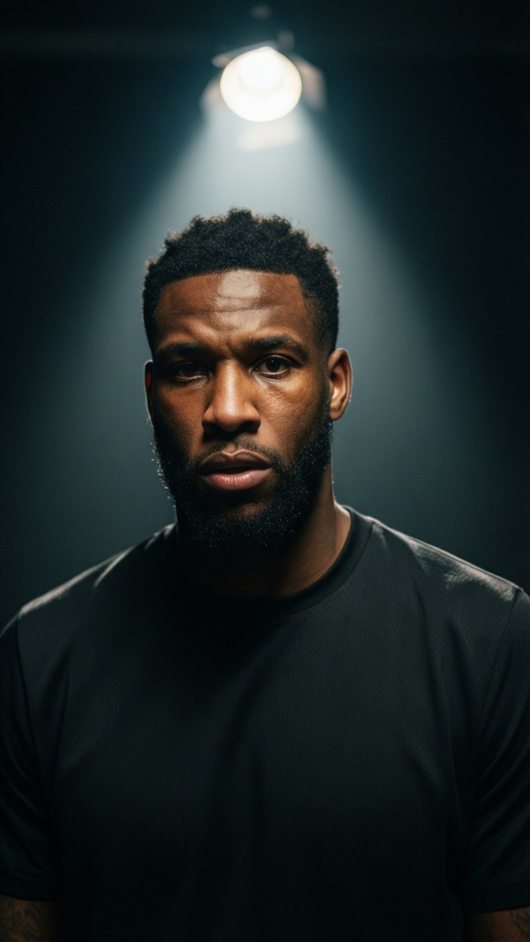 Dramatic Portrait Wallpaper — A man with a beard stares intently under a single bright spotlight against a dark background.