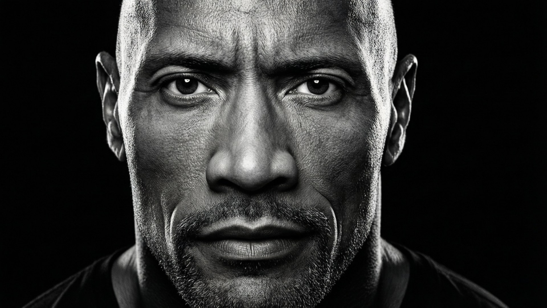 High contrast black and white portrait with half of The Rock's face in shadow.