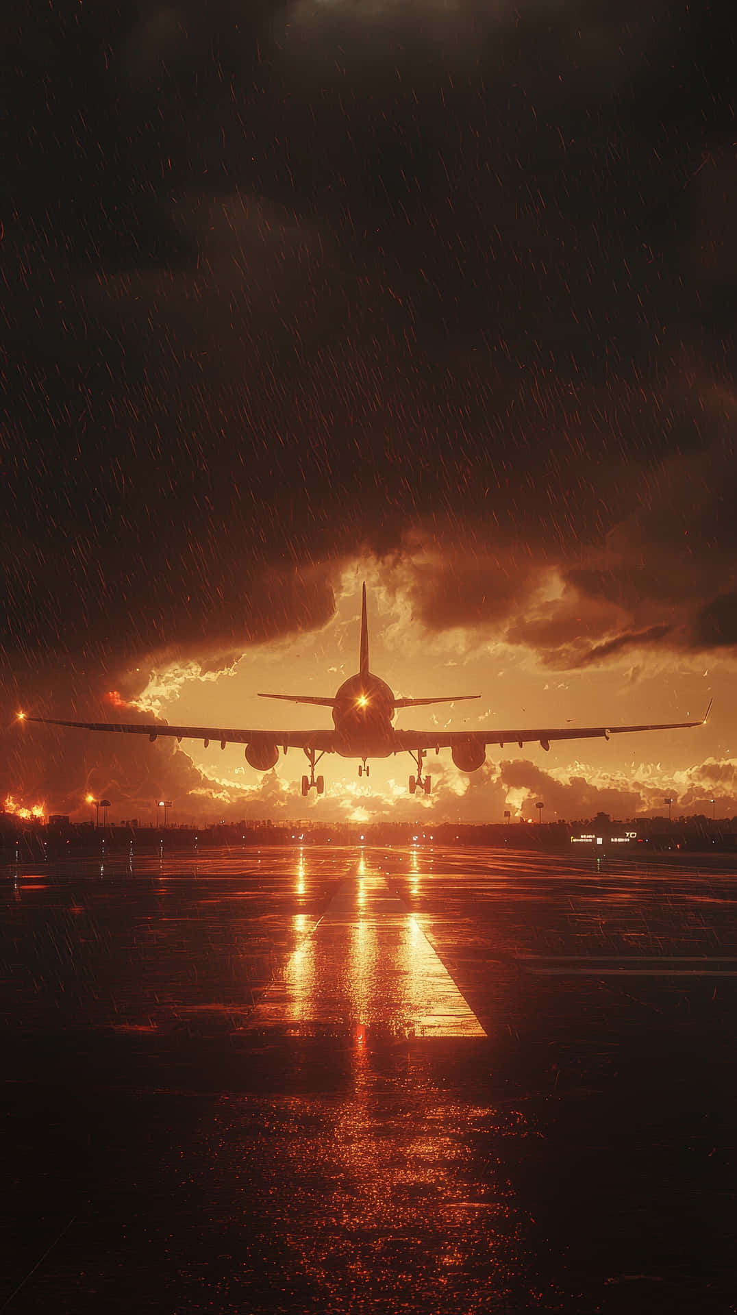Dramatic Scene Of An Airplane Landing On A Wet Runway During Sunset, With Rain And Golden Reflection Wallpaper