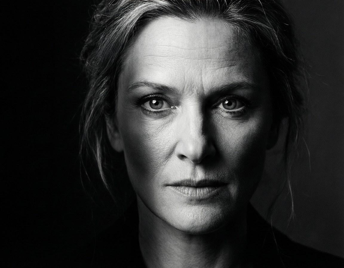 High contrast black and white portrait of Kate Winslet with dramatic side lighting.
