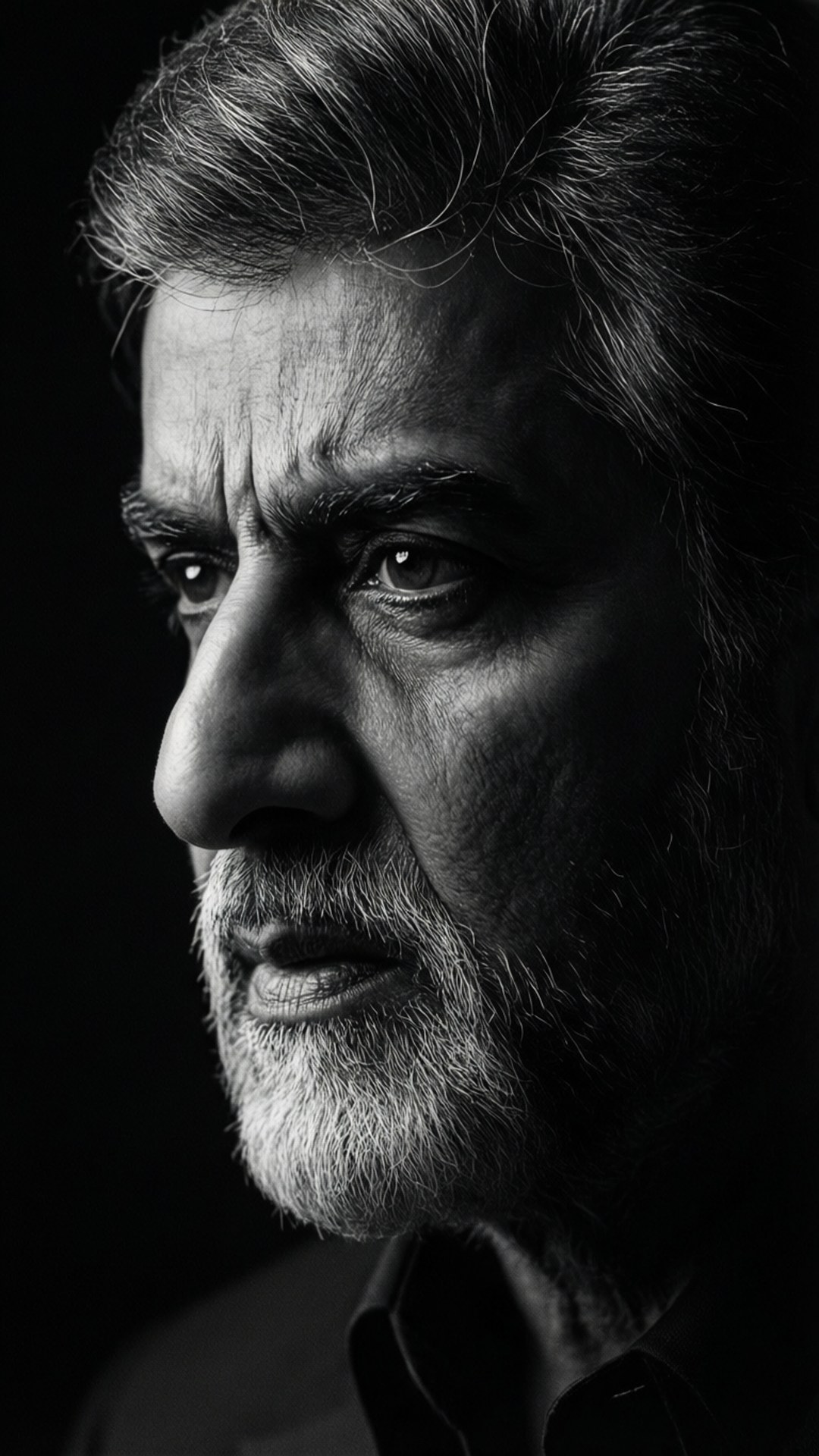 Profil Samping Dramatis Wallpaper — Profil samping hitam putih kontras tinggi dari Amitabh Bachchan dengan bayangan dramatis.
