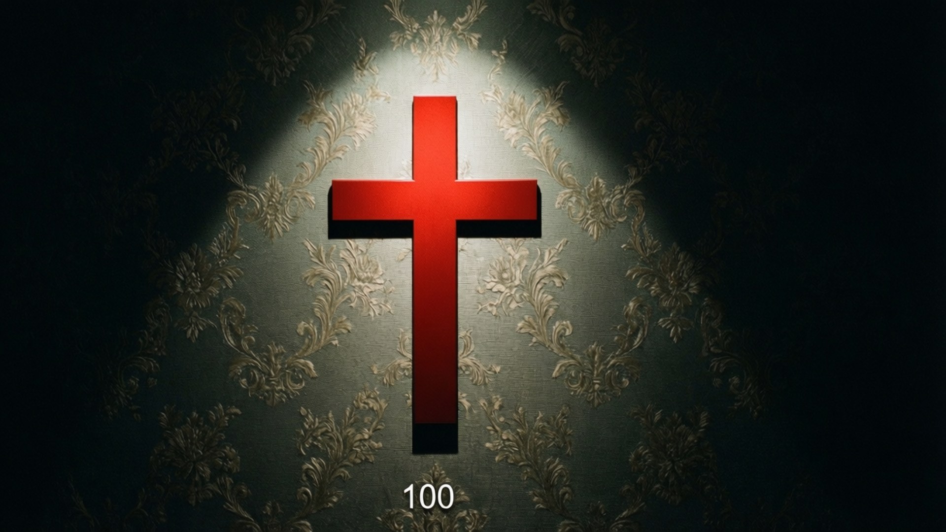 Dramatic dark wallpaper with illuminated red cross and 100