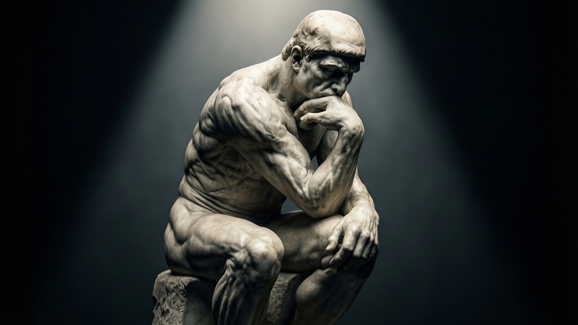 Rodin's The Thinker illuminated by a dramatic spotlight with deep shadows