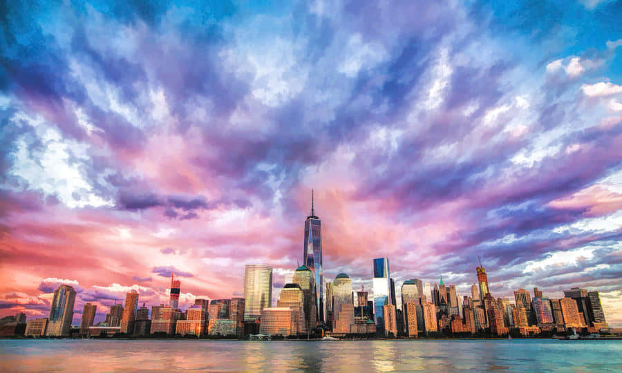 Dramatic Sunset Over City Skyline Wallpaper