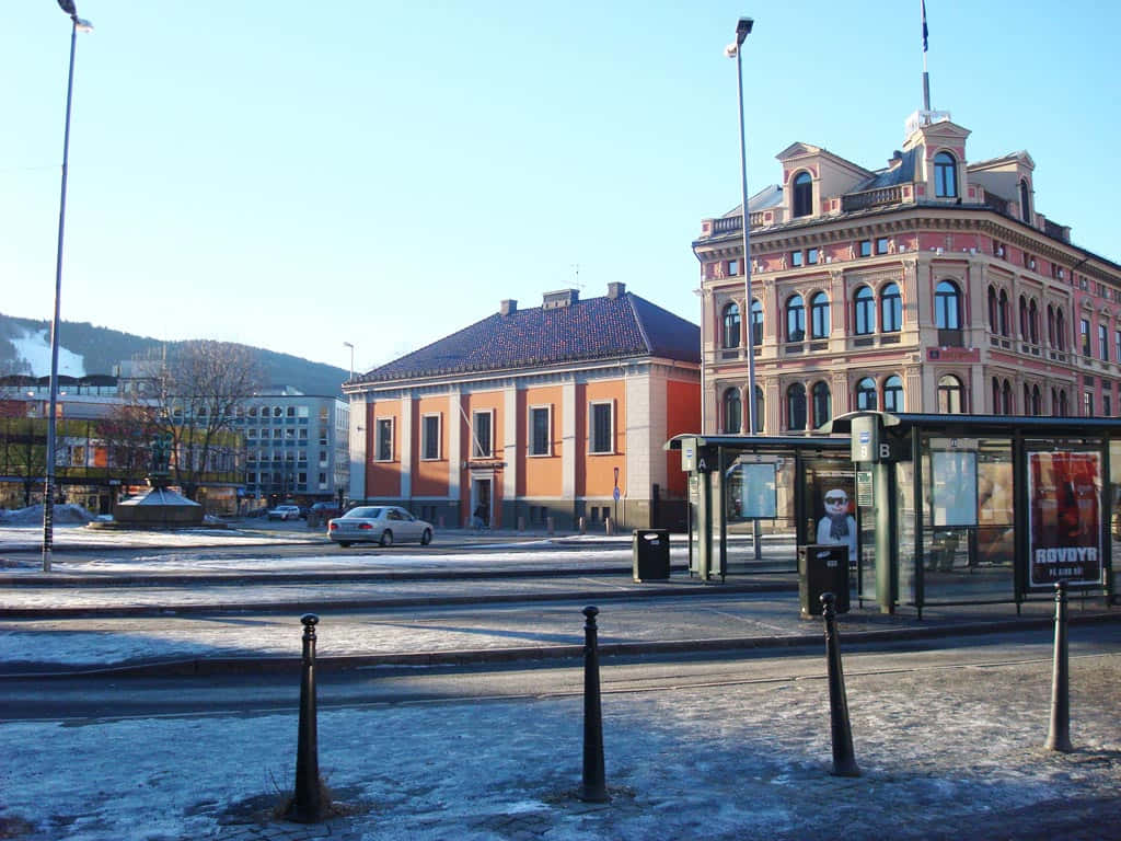 Drammen Stadsgezicht Winter Ochtend Achtergrond