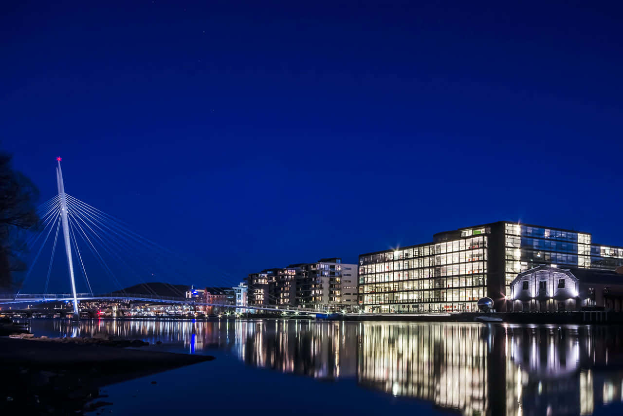 Drammen Nighttime Riverside View Wallpaper