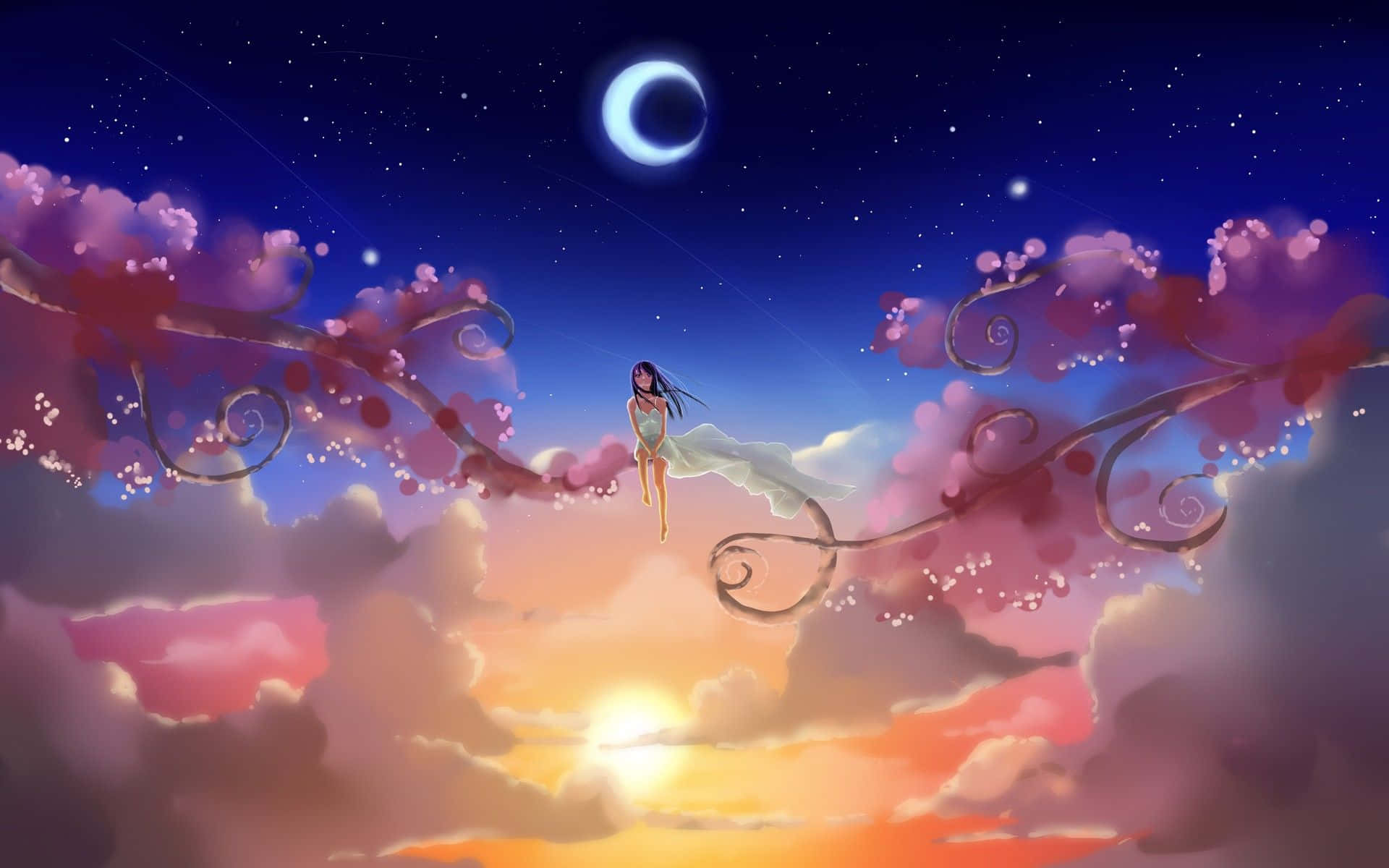A Girl Is Sitting On A Cloud In The Sky Wallpaper