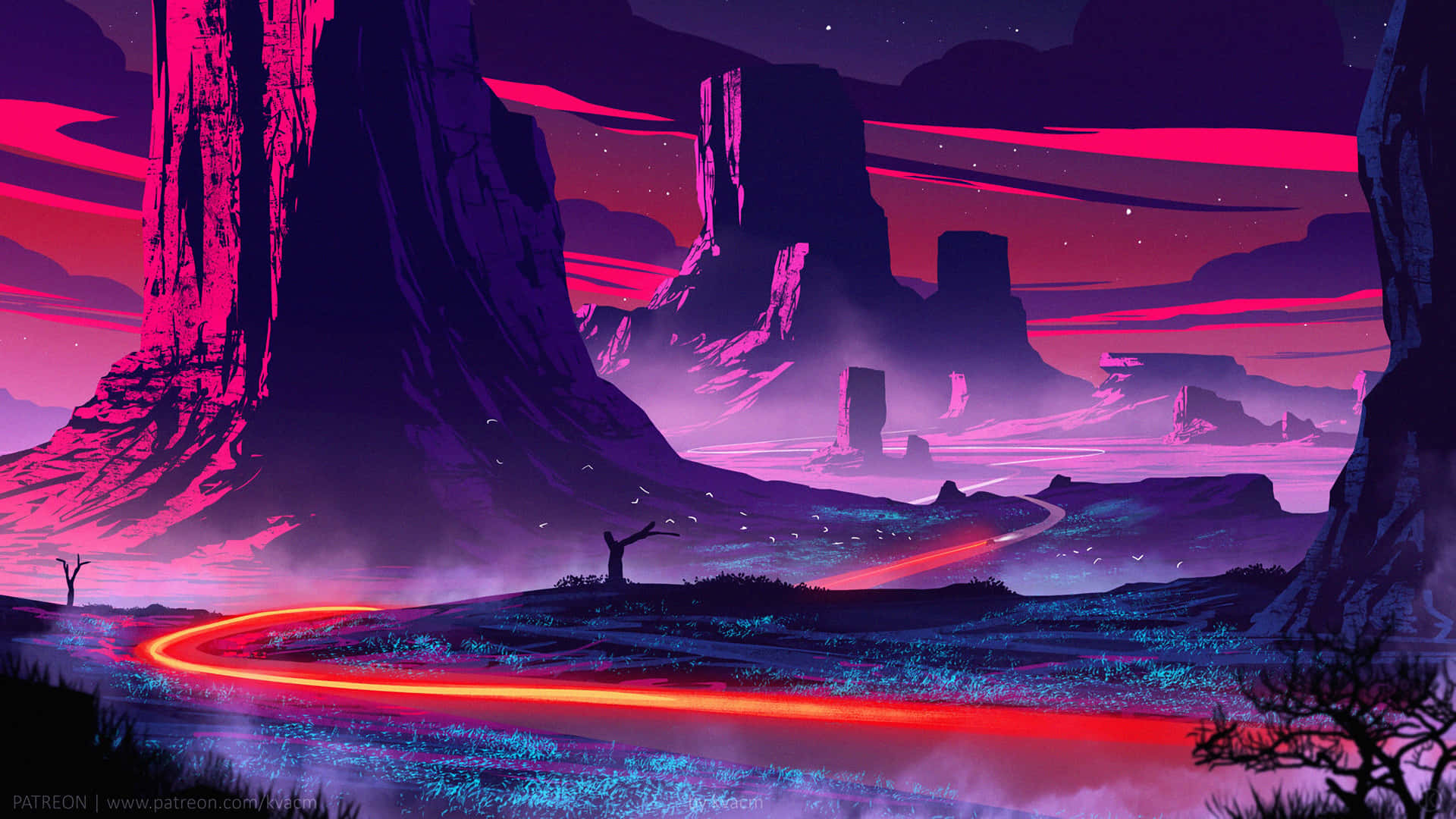 A Purple And Pink Landscape With A Road Wallpaper