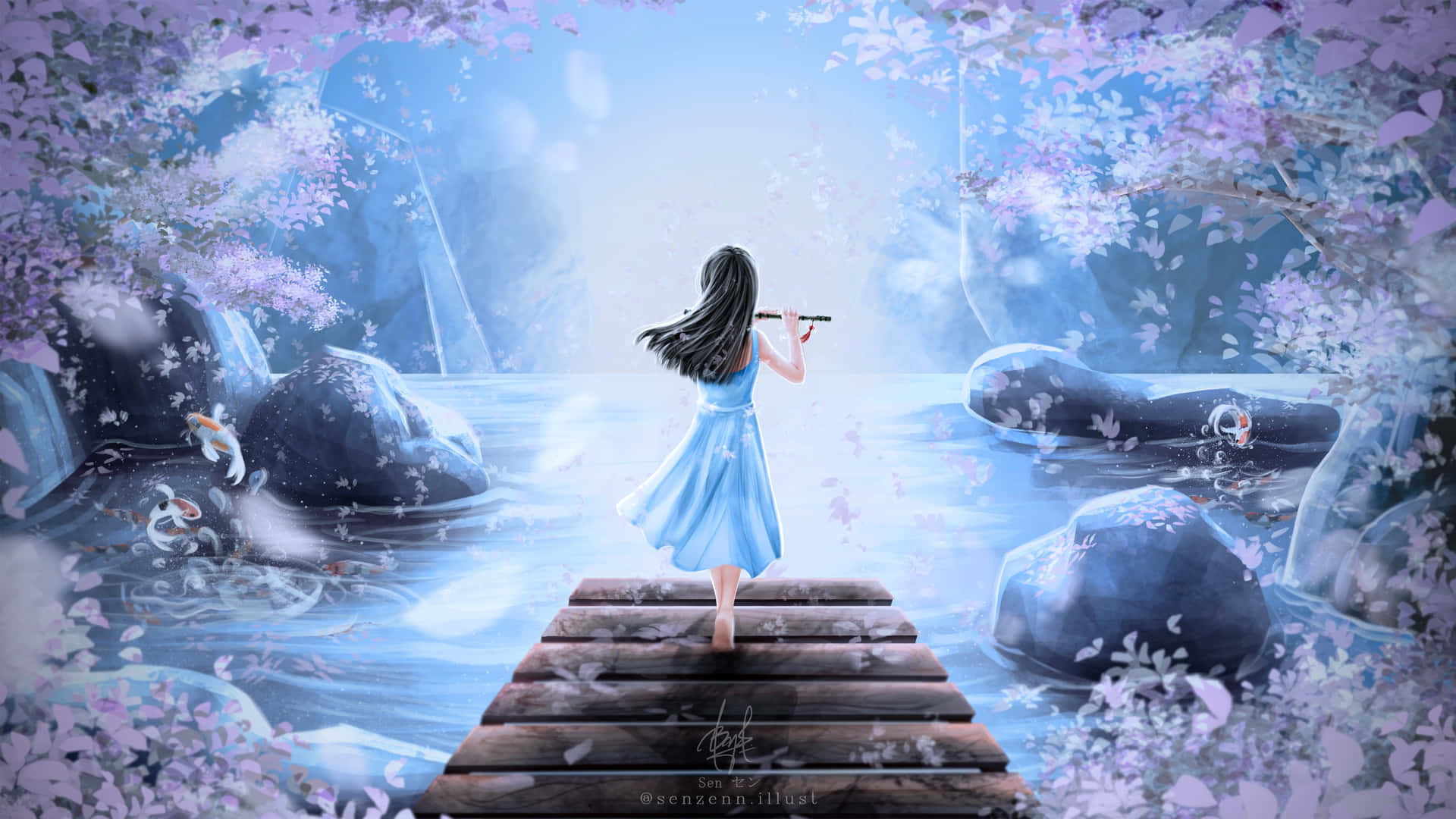 in the forest - En pige går på en bro over en sø i skoven Wallpaper