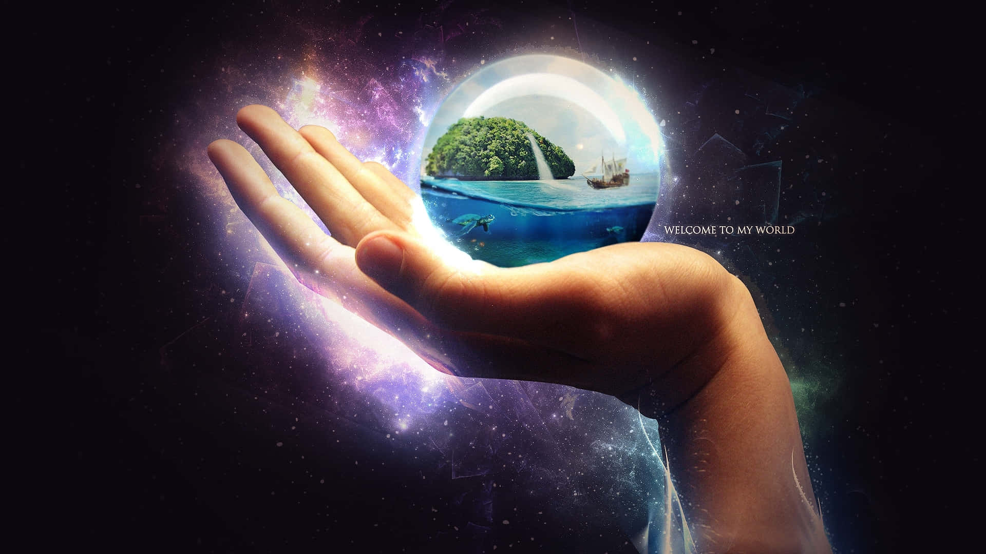 En hånd holder et glasbold med en planet indeni Wallpaper