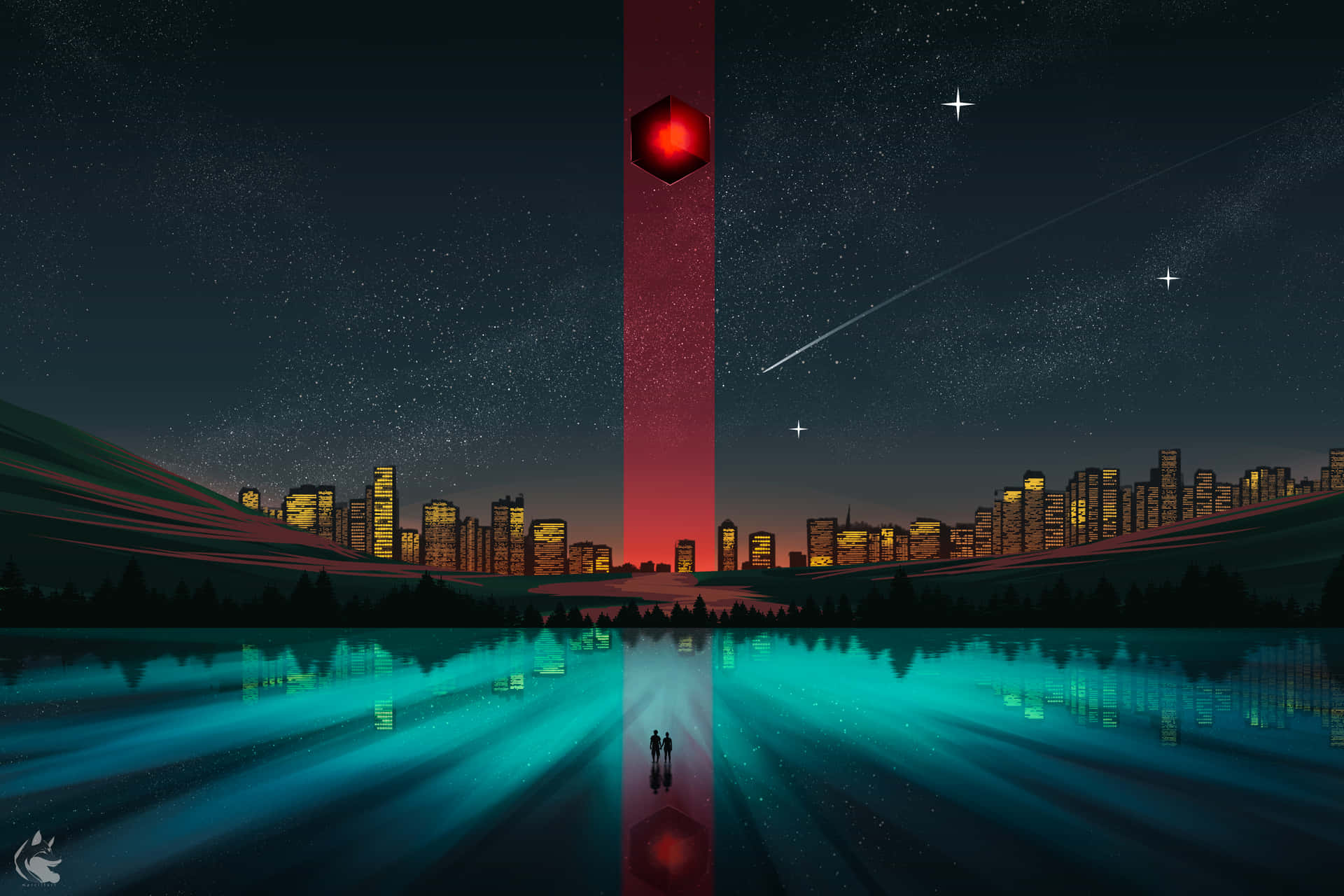 A City With A Red Light In The Sky Wallpaper