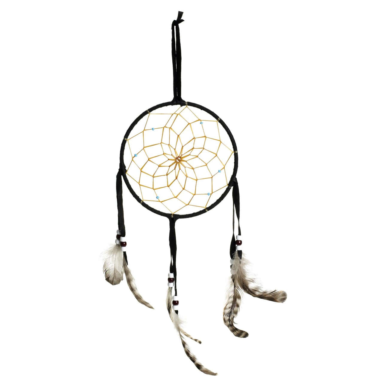 A Dream Catcher With Feathers Hanging On A White Background