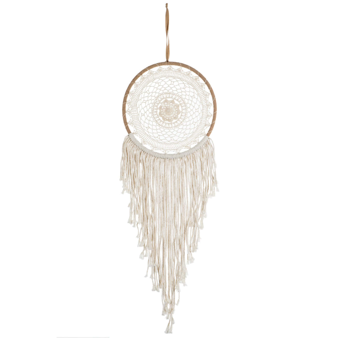 A White Dream Catcher With Fringes Hanging On A White Wall