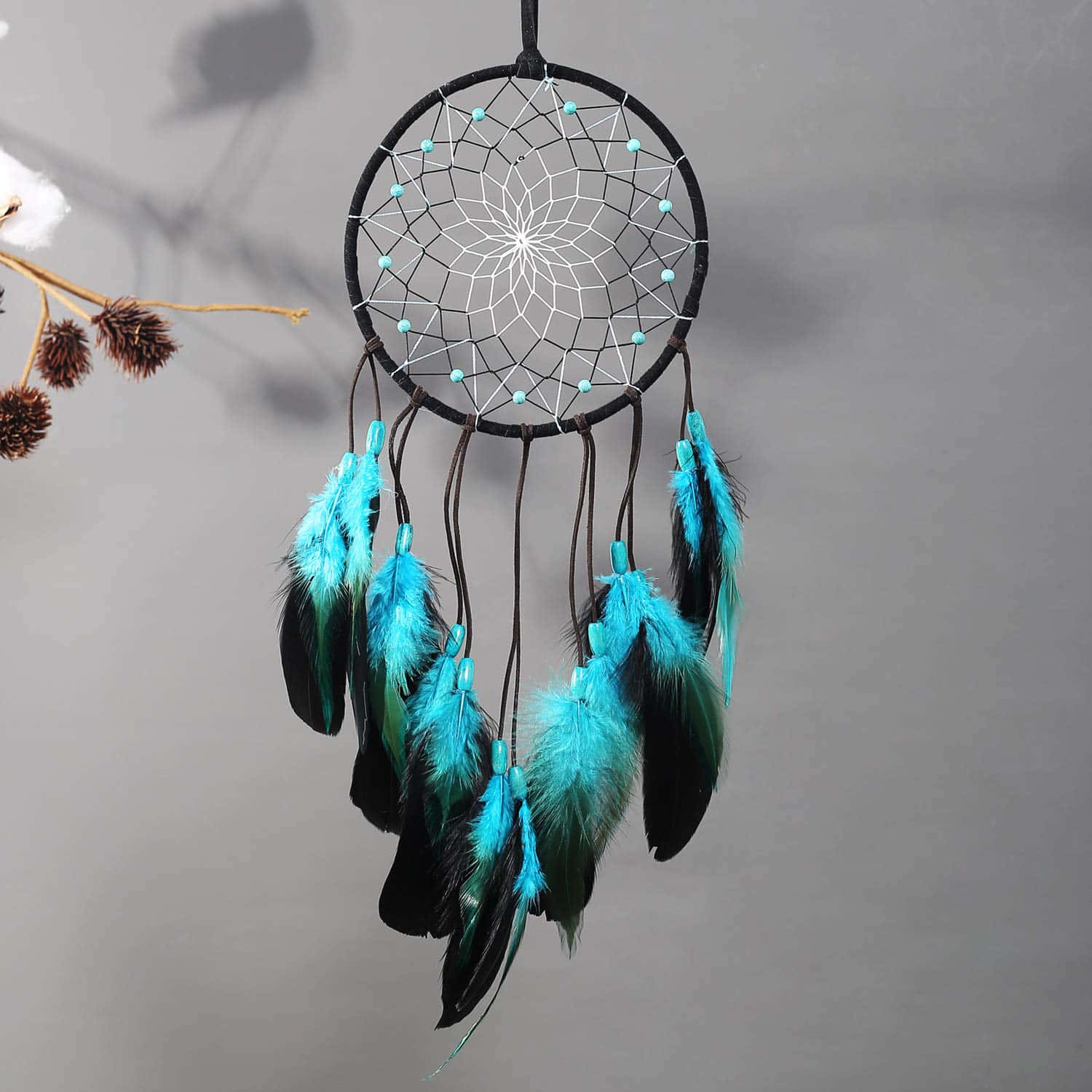 A Blue And Black Dream Catcher Hanging From A Branch