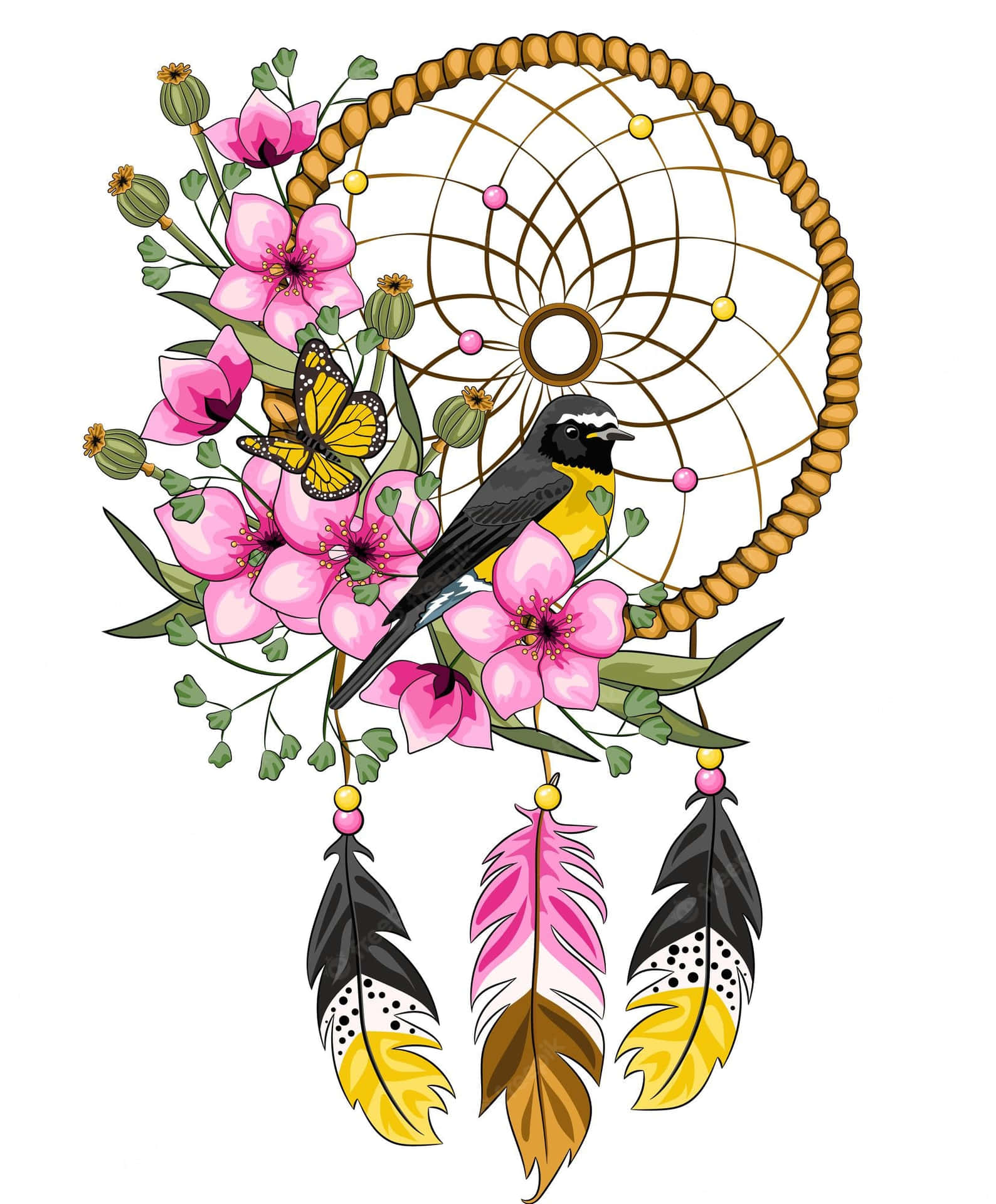 A Dream Catcher With A Bird And Flowers