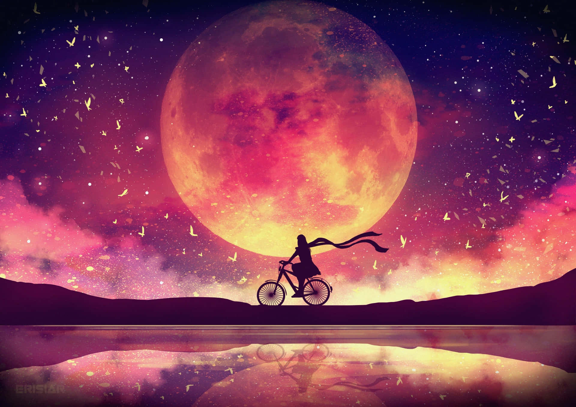 A Woman Riding A Bicycle In Front Of A Full Moon