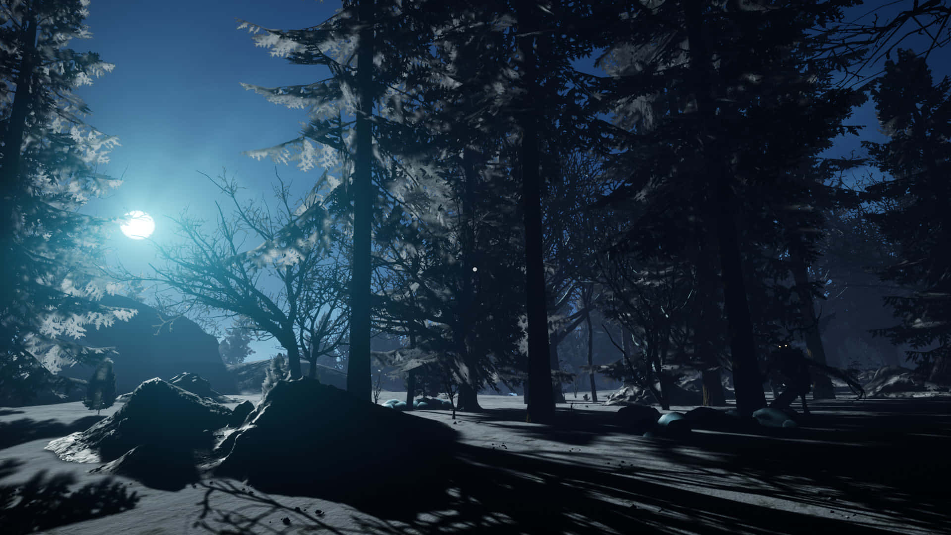 A Snowy Forest With Trees And A Moon