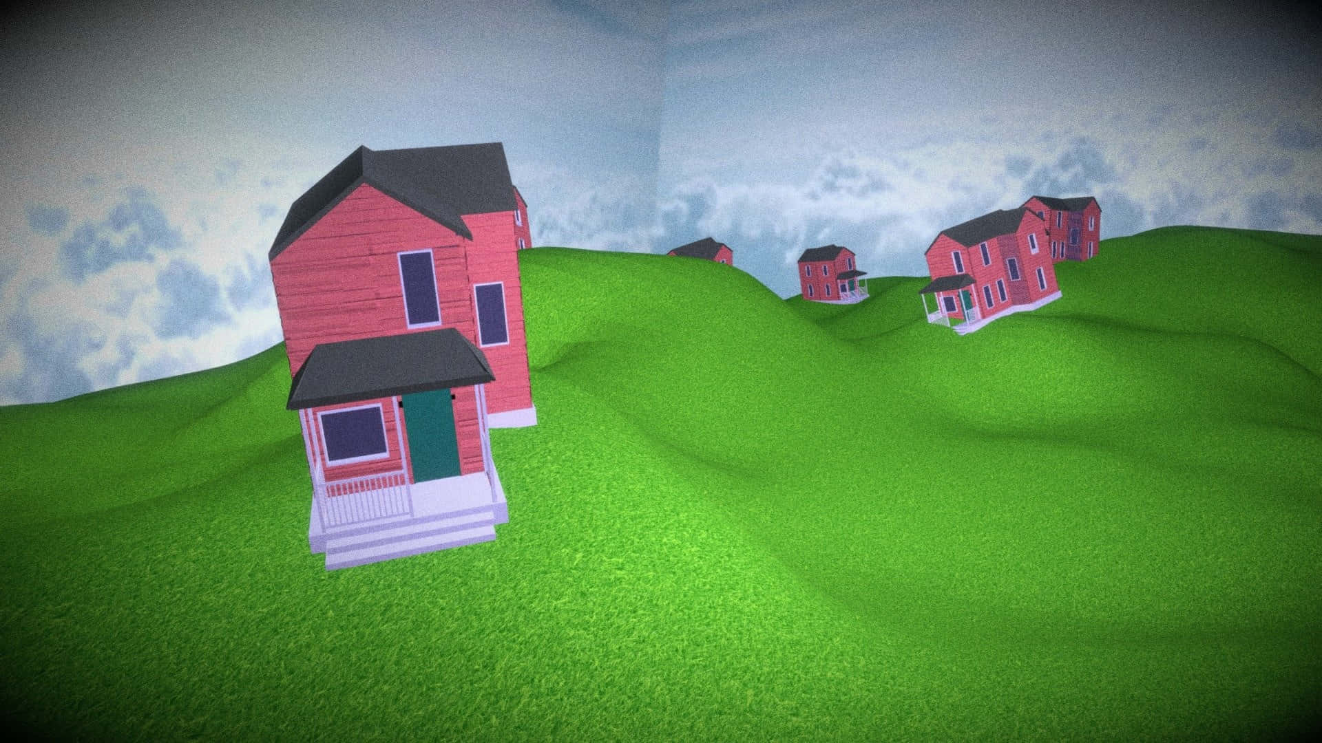 A 3d Image Of Houses On A Green Hill