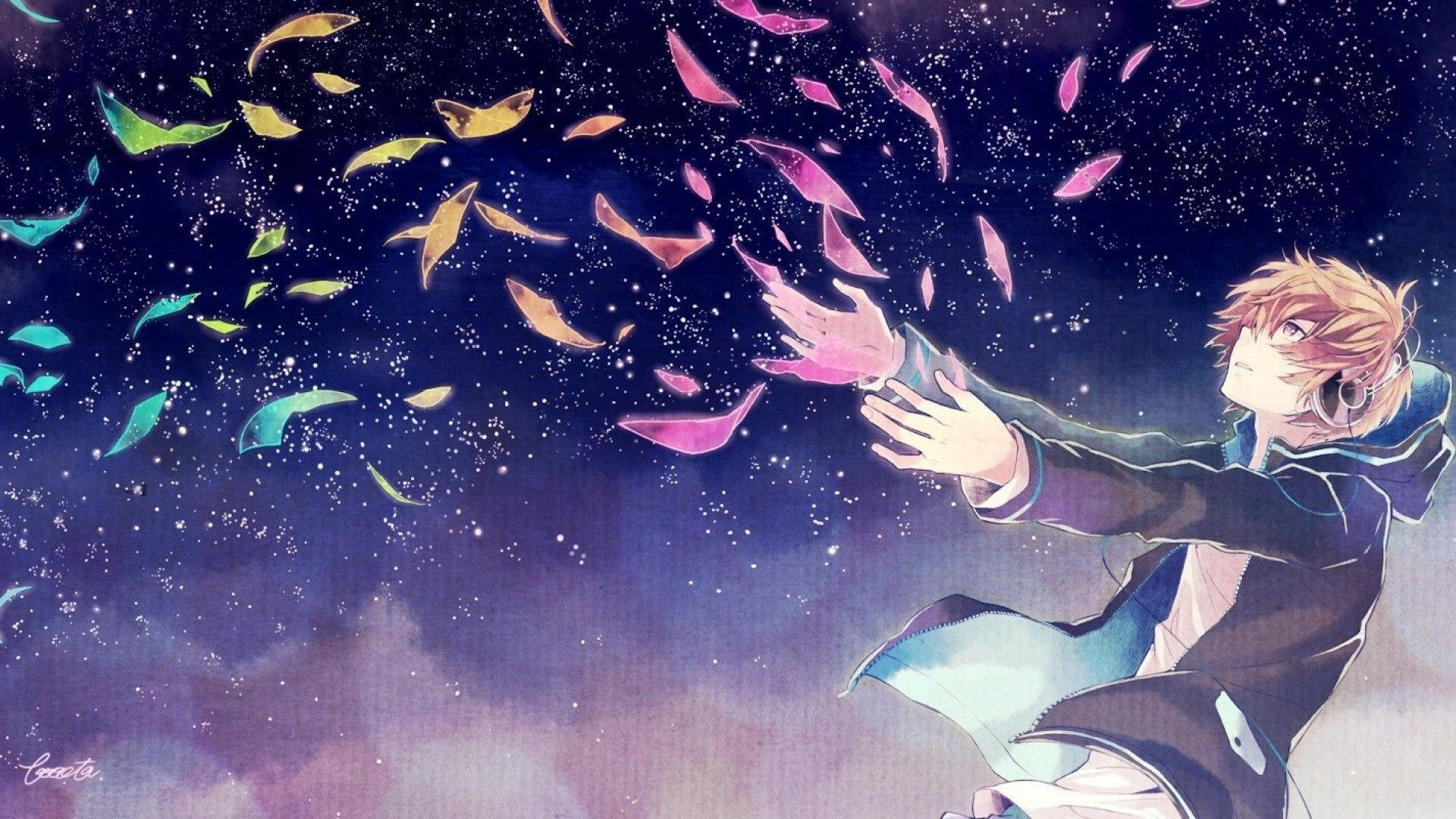 Cool anime wallpaper of a boy dreaming in a blue starry background.