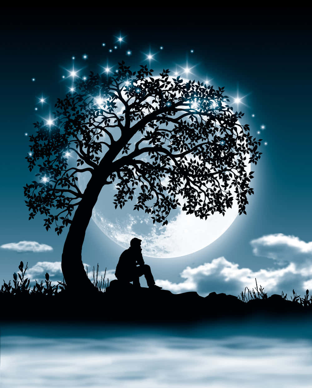 A Man Sitting Under A Tree With The Moon Behind Him