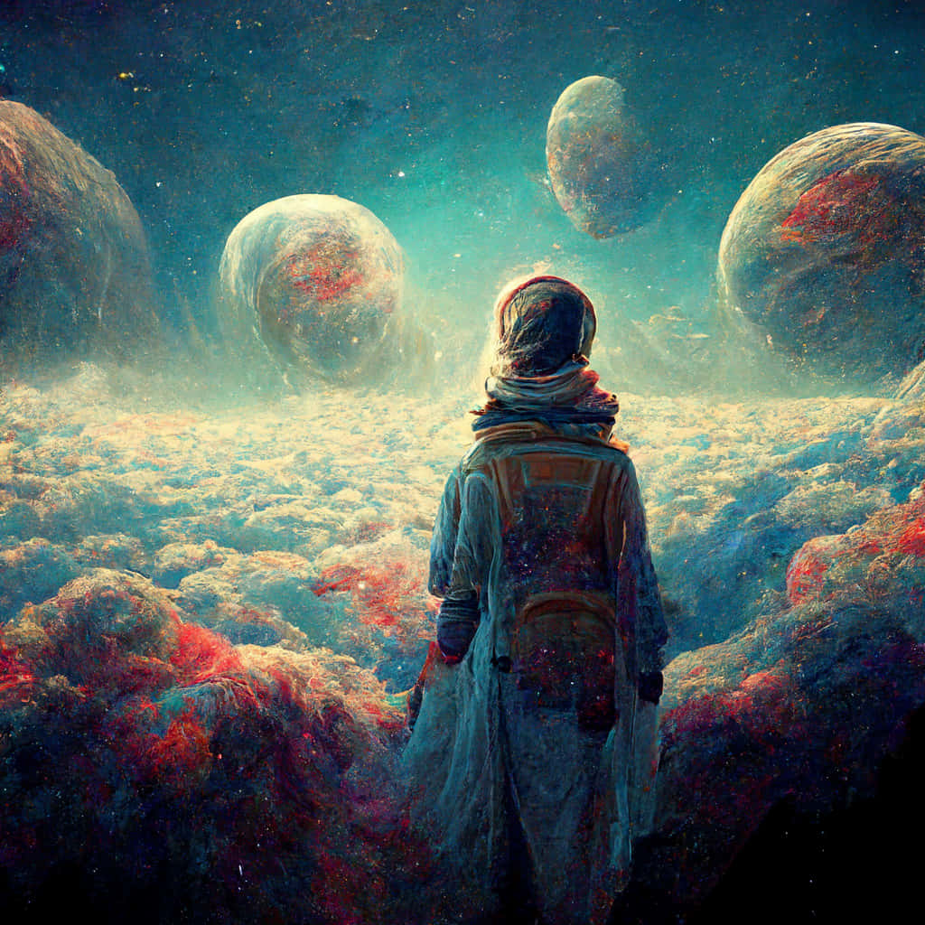 a person looking at the clouds and planets