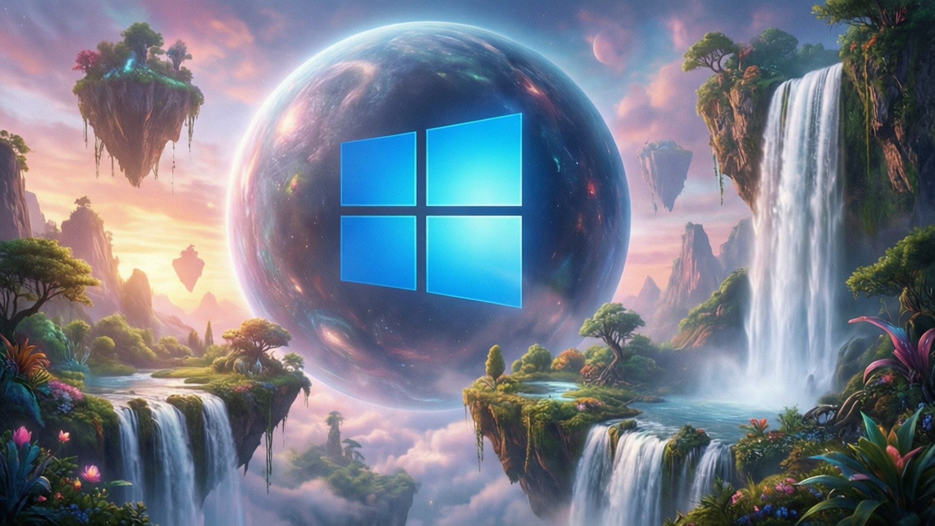 A surreal animated wallpaper with floating islands and a giant Windows 10 logo.