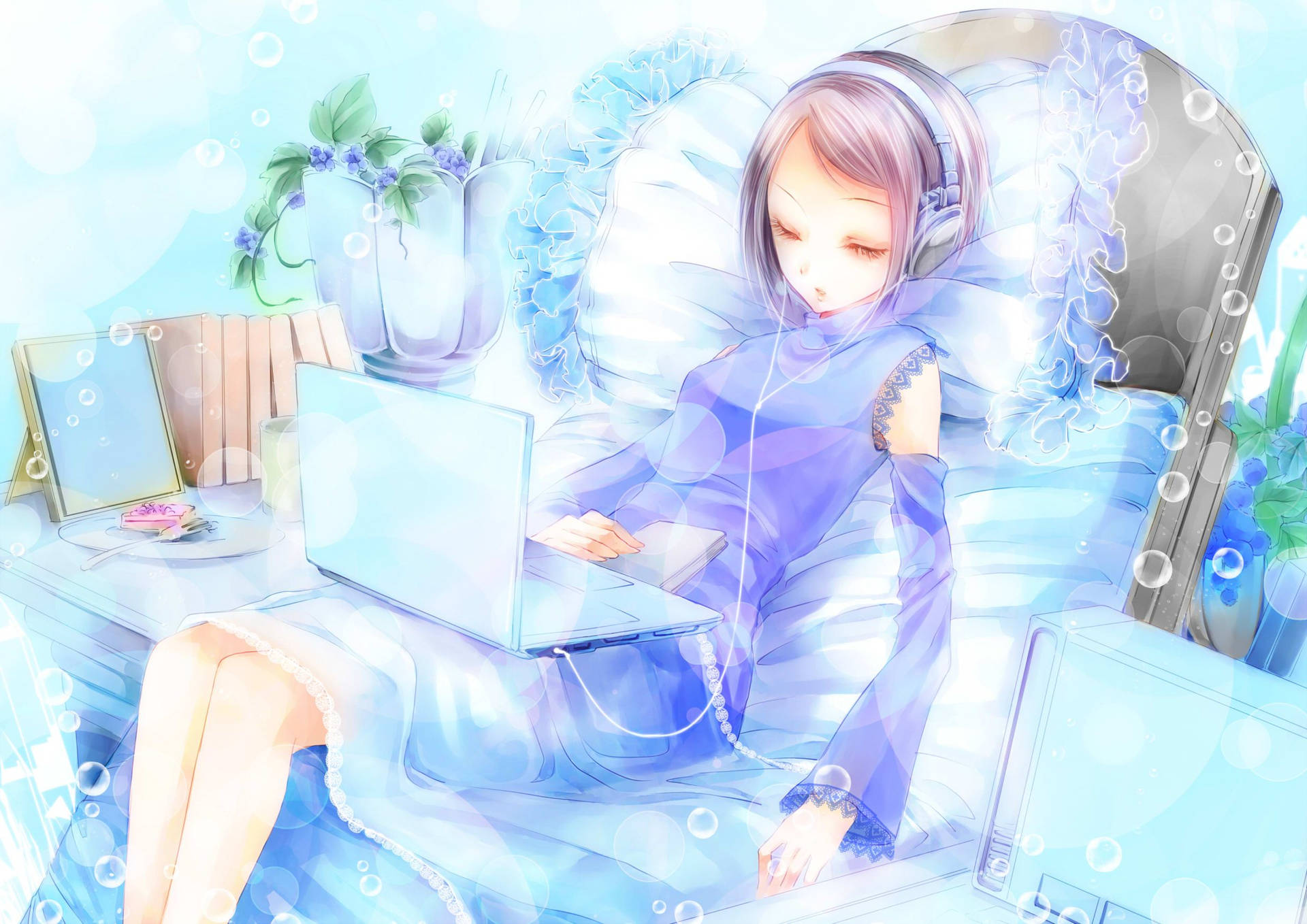 Dreamy Anime Girl Sleeps In Front Of Laptop