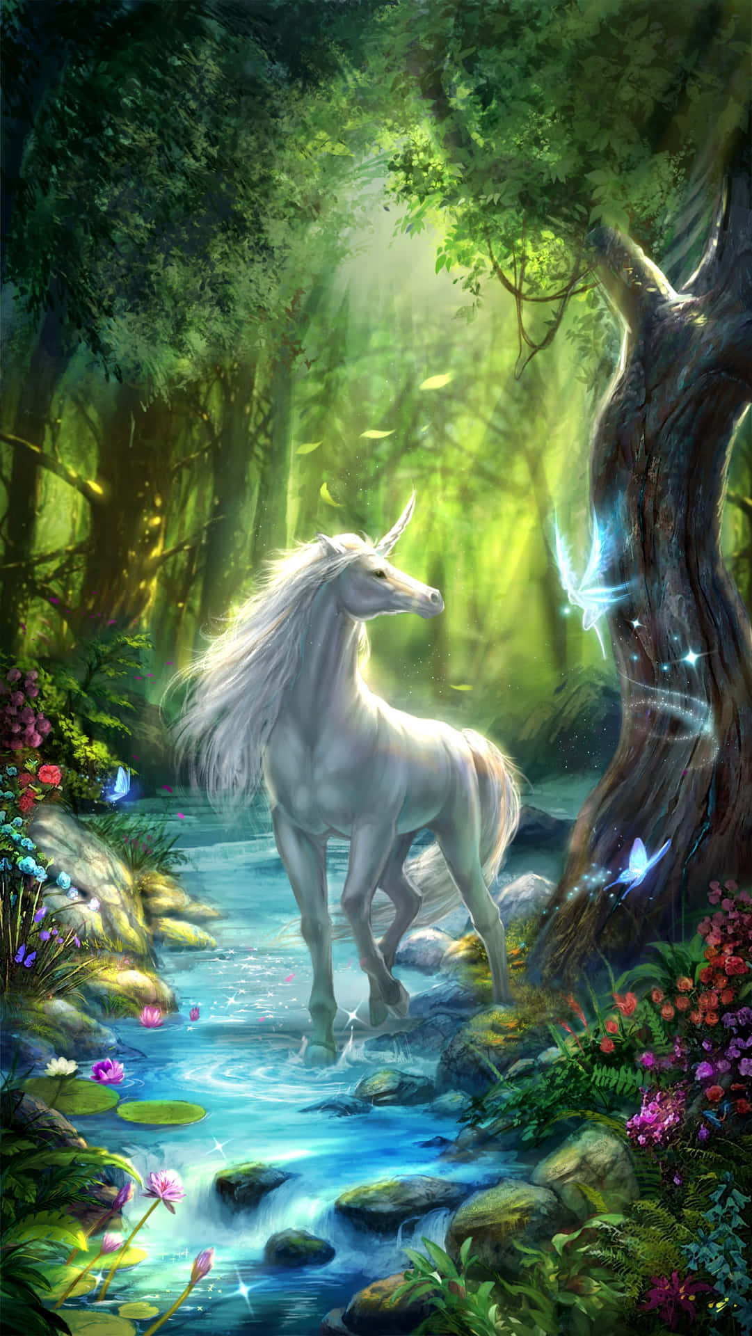 A White Unicorn Standing In A Forest