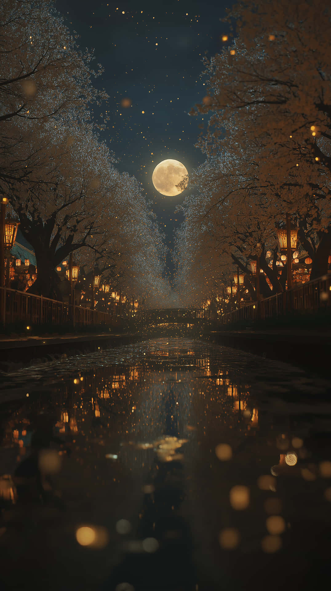 Dreamy Cherry Blossom River At Night Under Full Moon Wallpaper