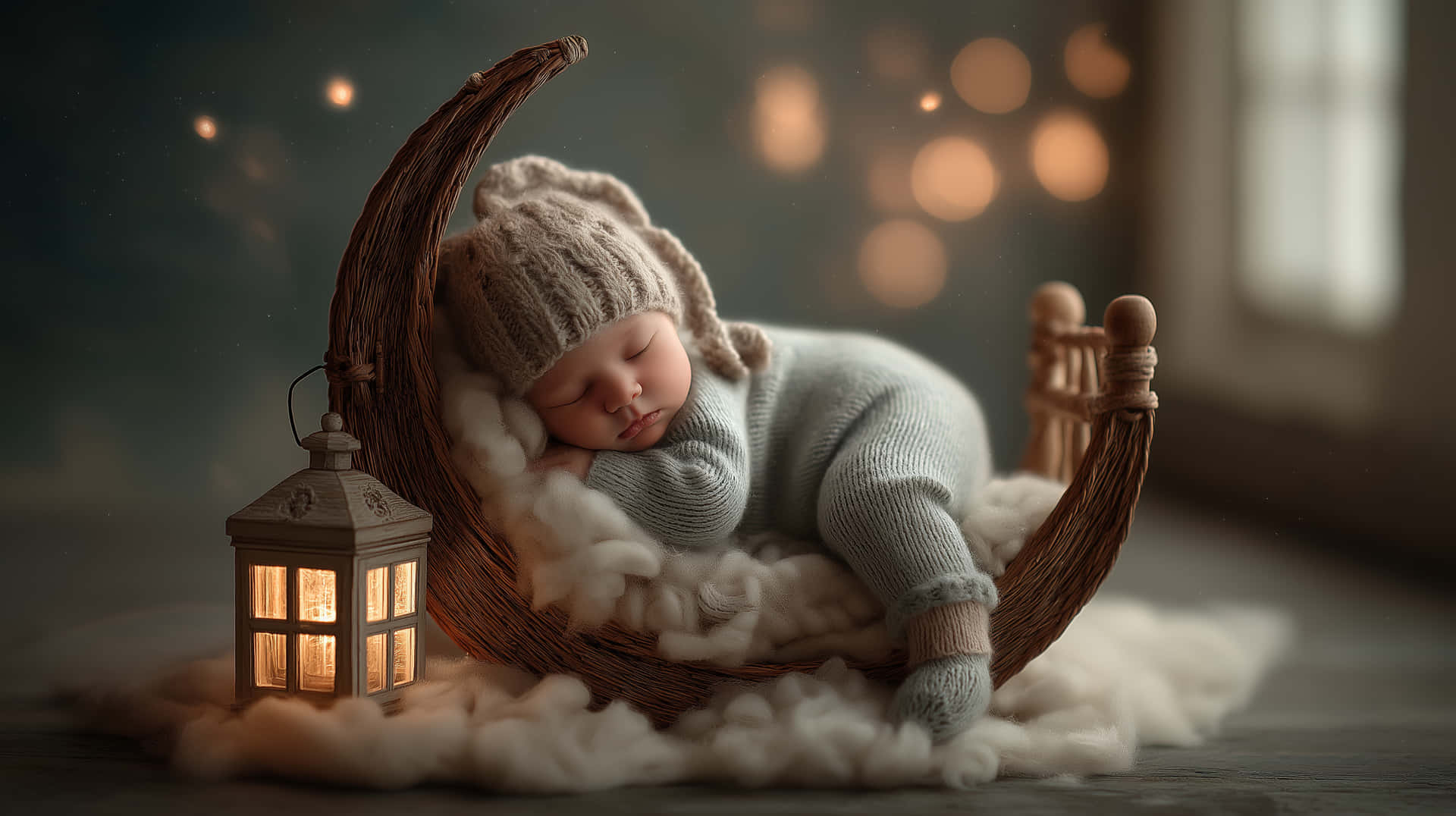 Dreamy Newborn Sleeping Peacefully On A Moon With Lantern Glow Wallpaper