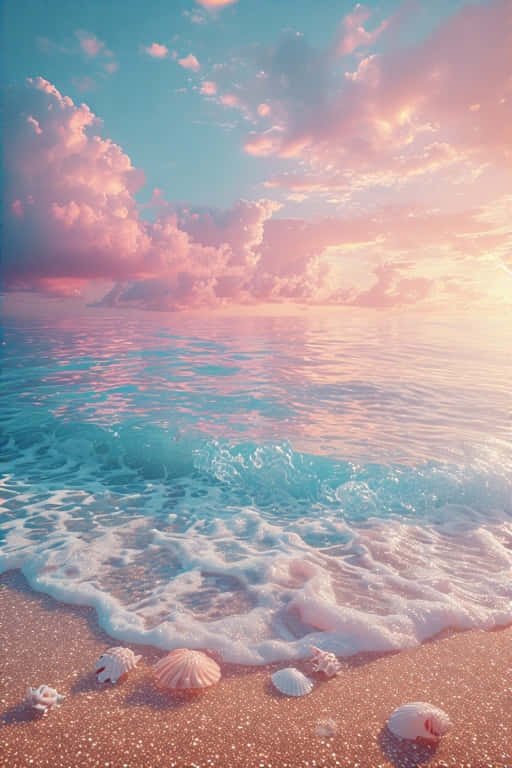Dreamy Ocean Sunset With Gentle Waves And Seashells Wallpaper
