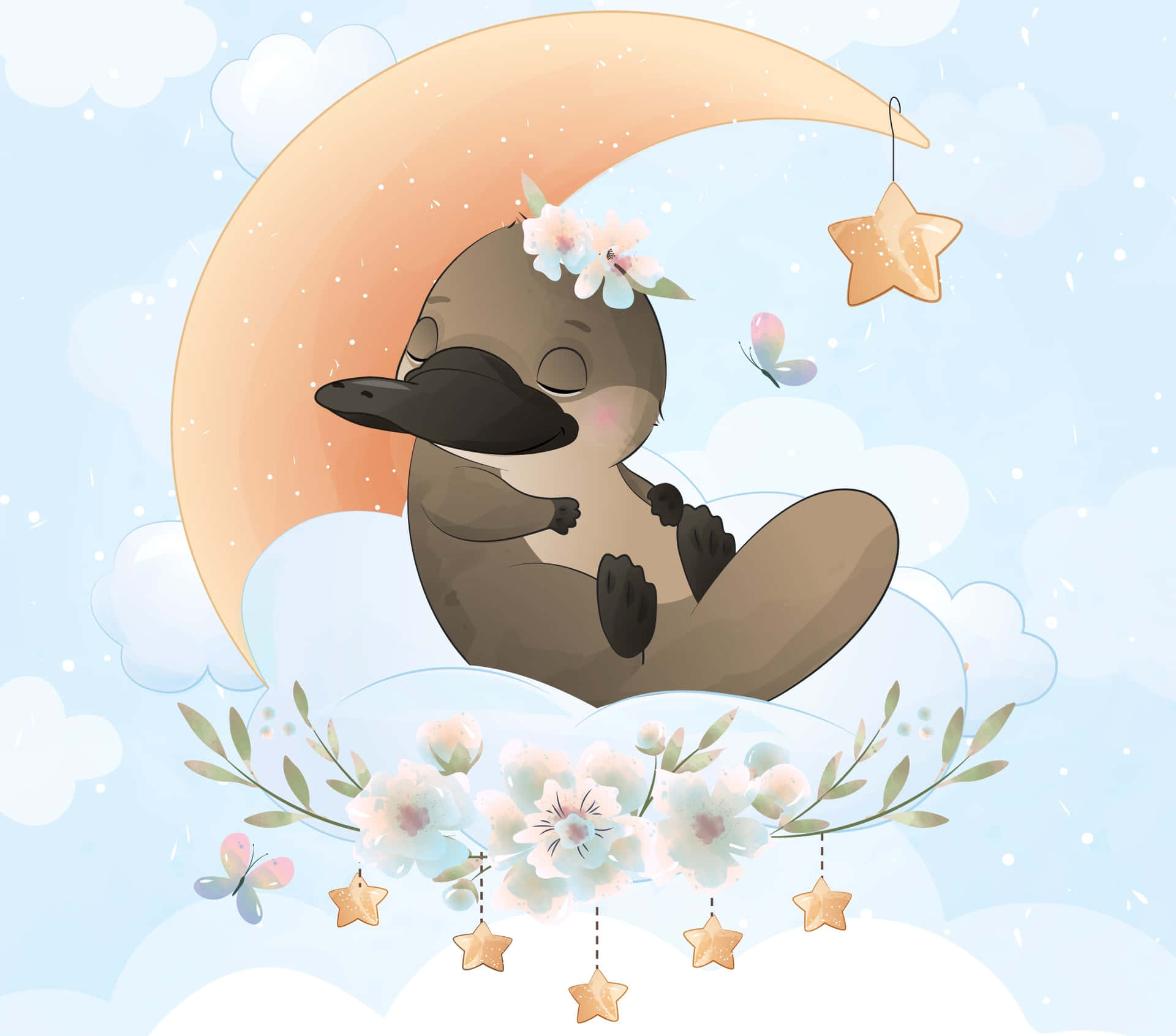 Dreamy Platypus Moonand Stars Wallpaper