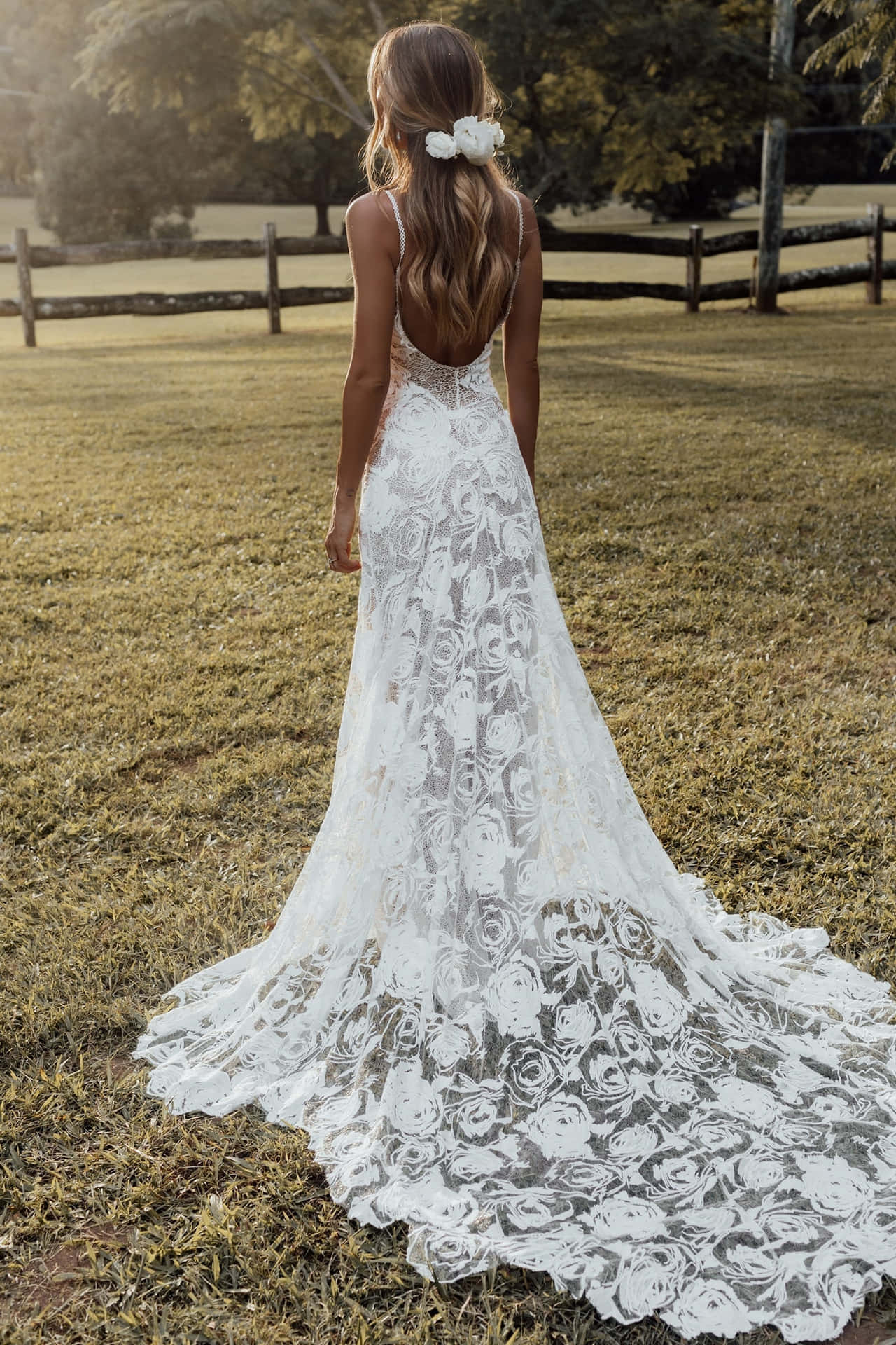 Einefrau In Einem Weißen Hochzeitskleid Steht Auf Einem Feld.